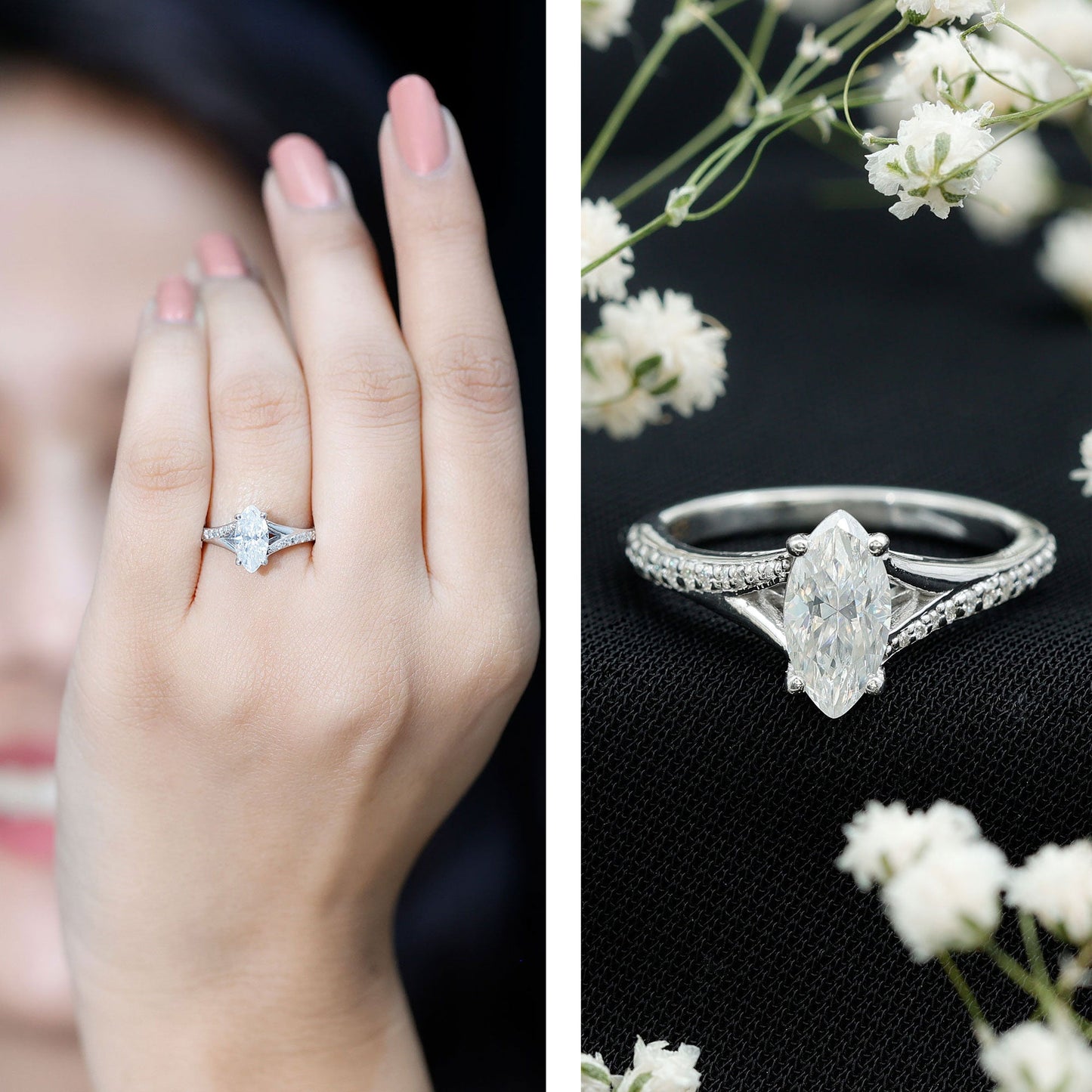 Brilliant Cut Lab Grown Diamond Marquise Engagement Ring with Split Shank