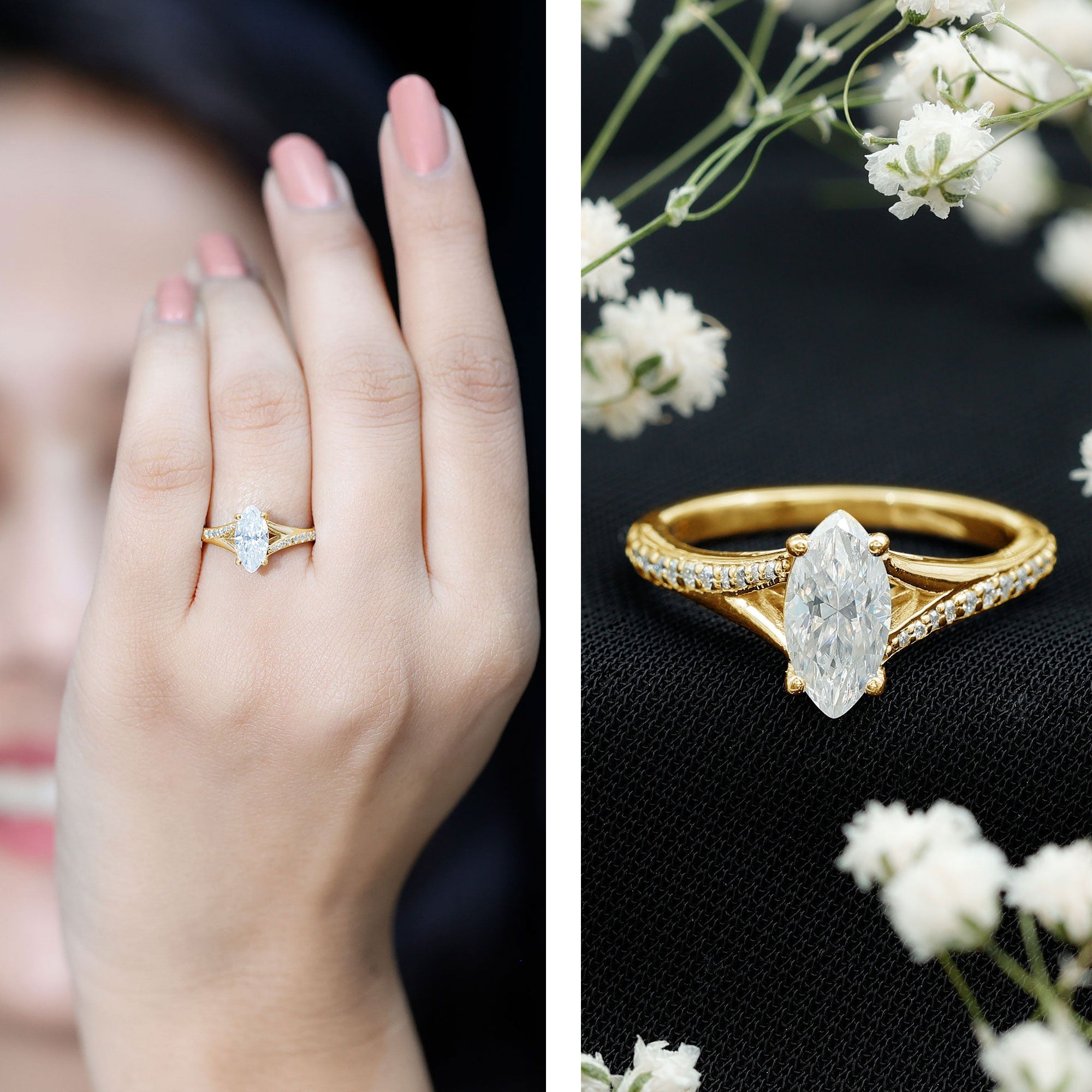 Brilliant Cut Lab Grown Diamond Marquise Engagement Ring with Split Shank