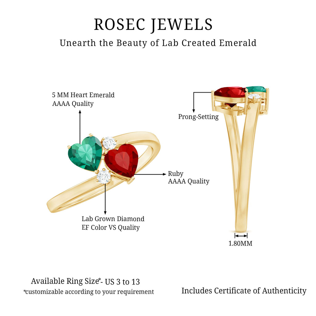 Certified Lab Grown Ruby and Emerald 2 Stone Heart Promise Ring in Silver
