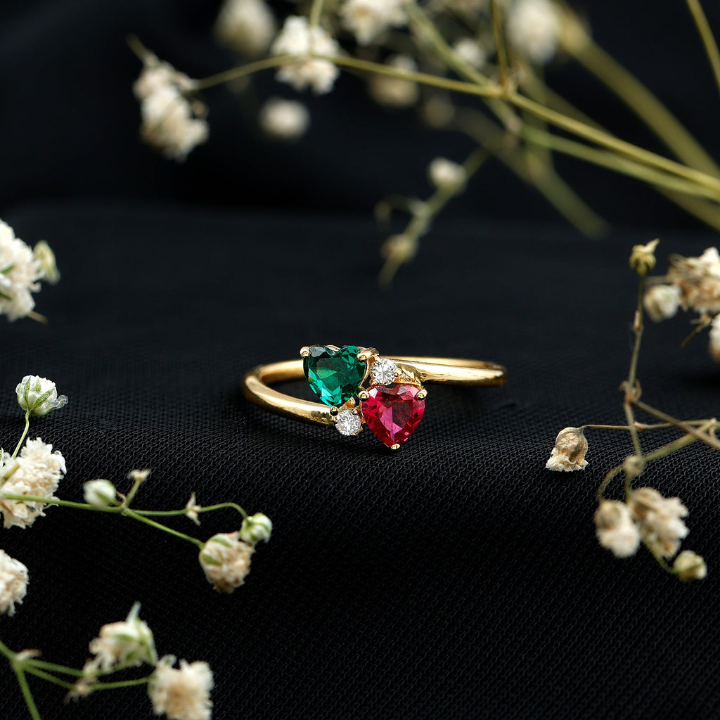 Certified Lab Grown Ruby and Emerald 2 Stone Heart Promise Ring in Silver