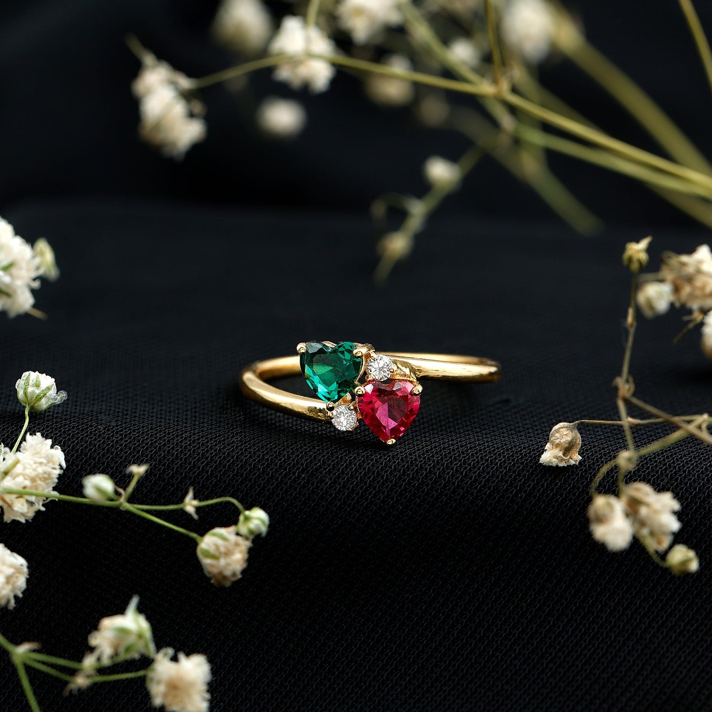 Certified Lab Grown Ruby and Emerald 2 Stone Heart Promise Ring in Silver