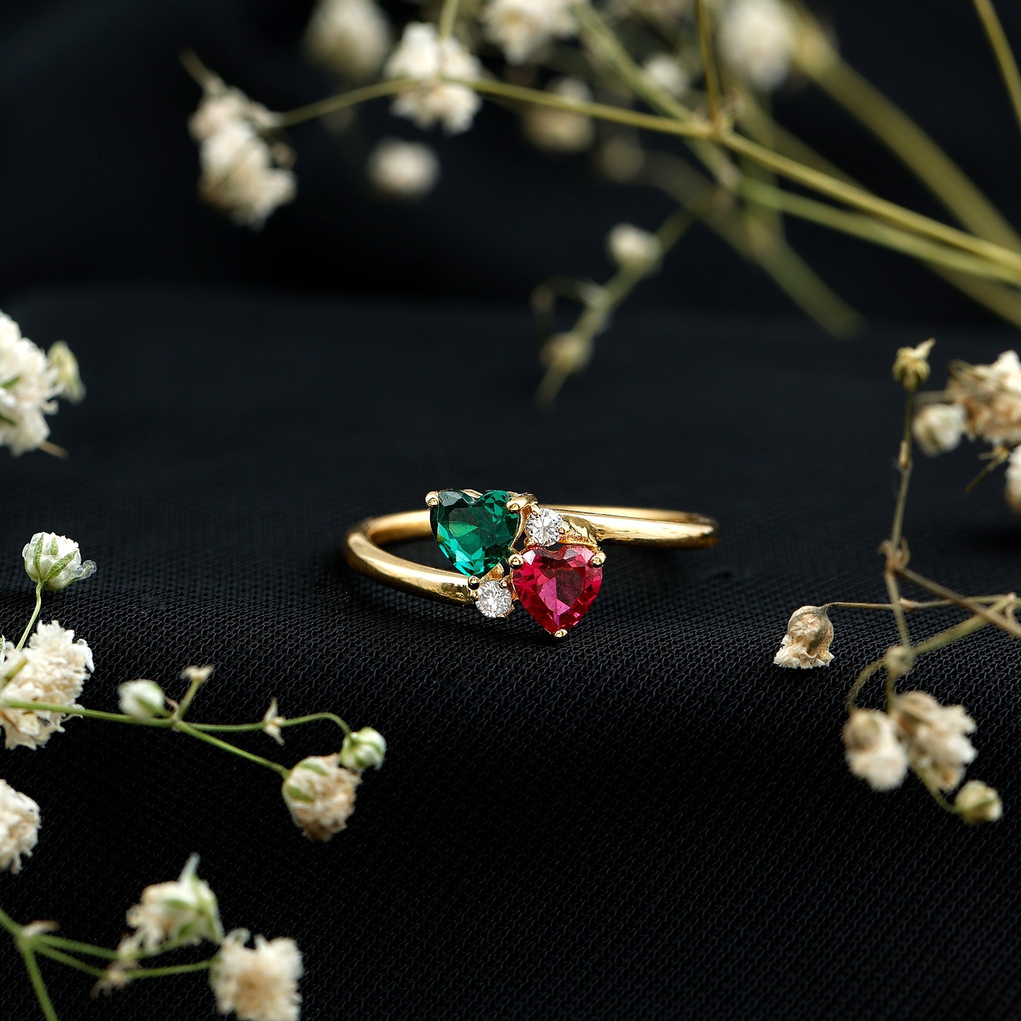 Certified Lab Grown Ruby and Emerald 2 Stone Heart Promise Ring in Silver