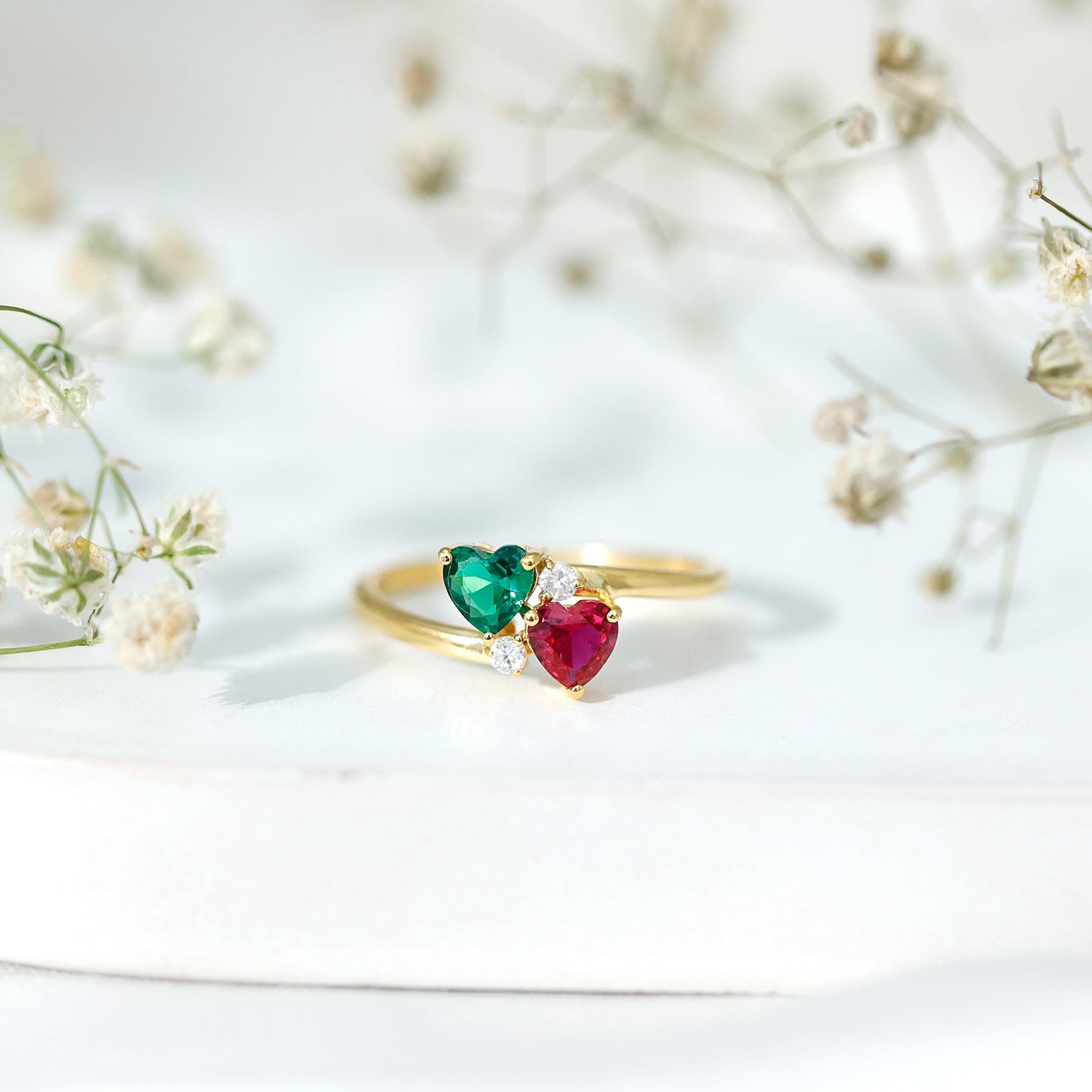 Certified Lab Grown Ruby and Emerald 2 Stone Heart Promise Ring in Silver