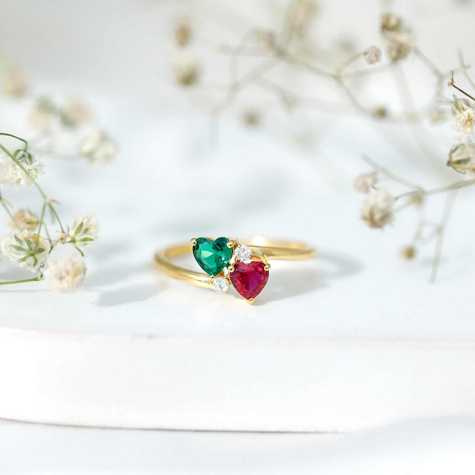 Certified Lab Grown Ruby and Emerald 2 Stone Heart Promise Ring in Silver