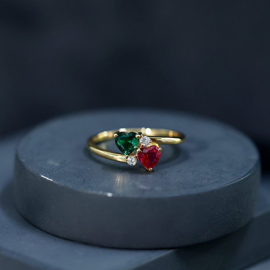 Certified Lab Grown Ruby and Emerald 2 Stone Heart Promise Ring in Silver