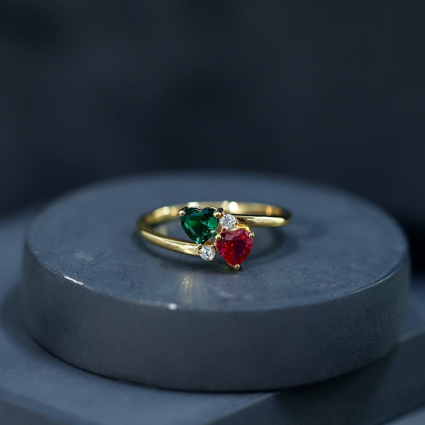 Certified Lab Grown Ruby and Emerald 2 Stone Heart Promise Ring in Silver