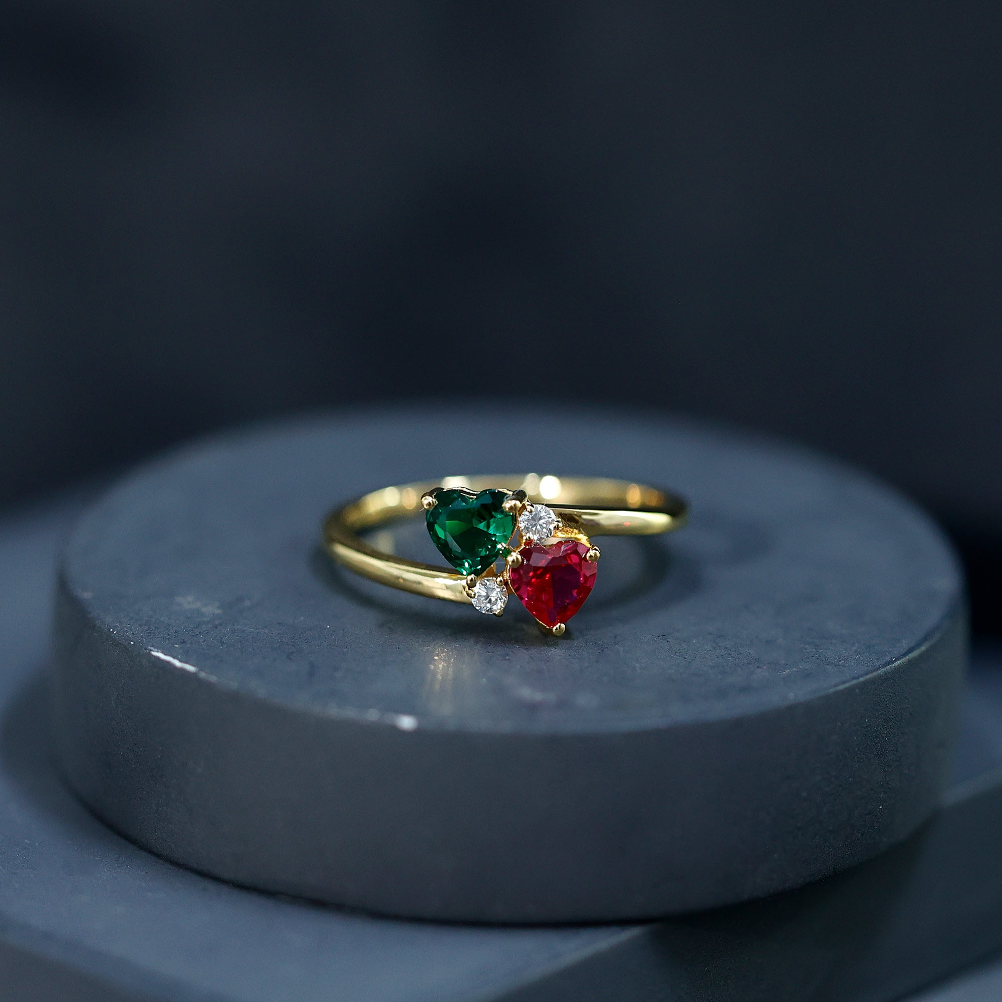 Certified Lab Grown Ruby and Emerald 2 Stone Heart Promise Ring in Silver