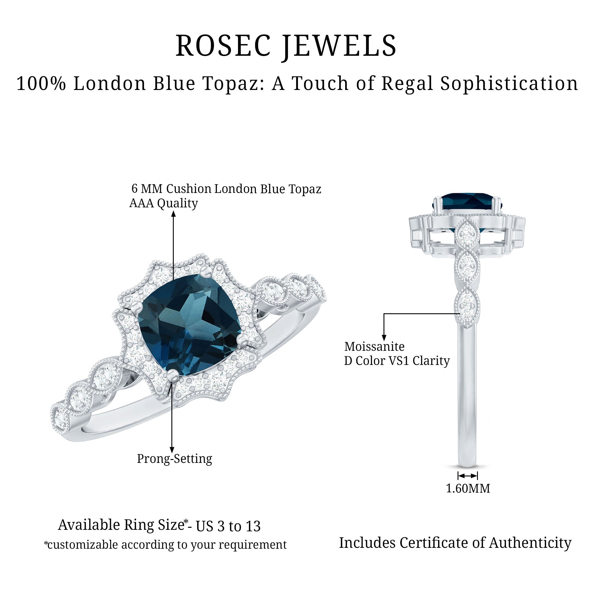 London Blue Topaz Antique Looking Engagement Ring with Moissanite Halo