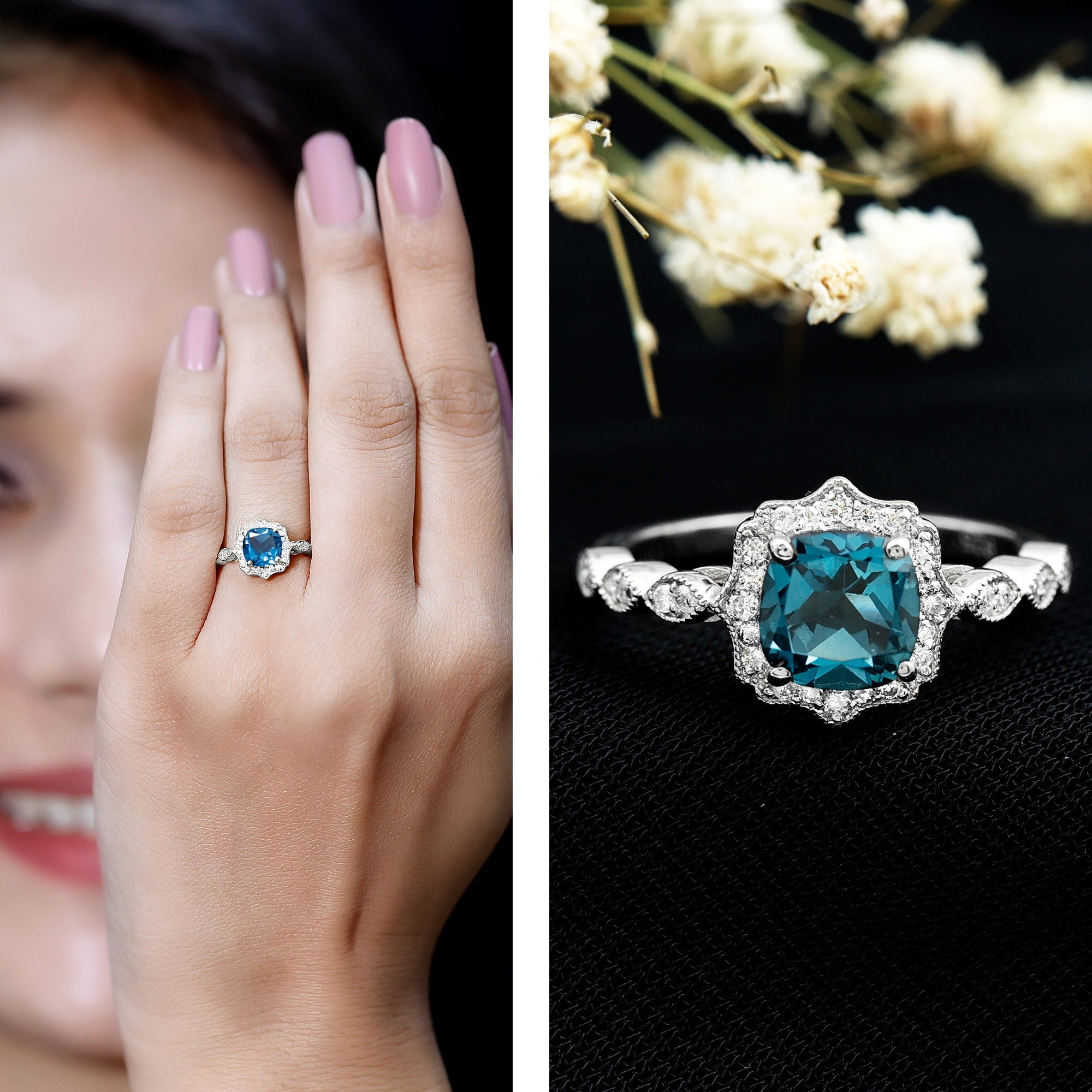 London Blue Topaz Antique Looking Engagement Ring with Moissanite Halo