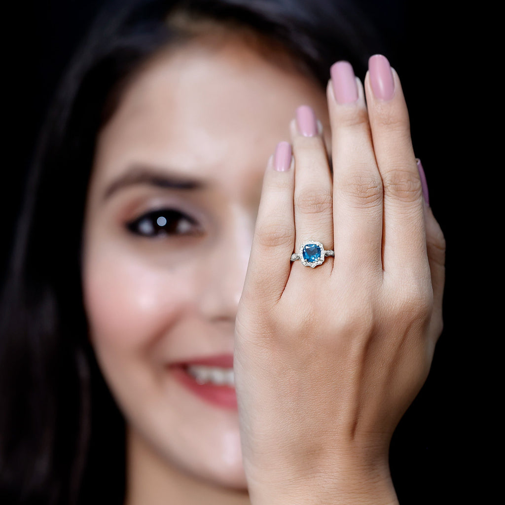 London Blue Topaz Antique Looking Engagement Ring with Moissanite Halo