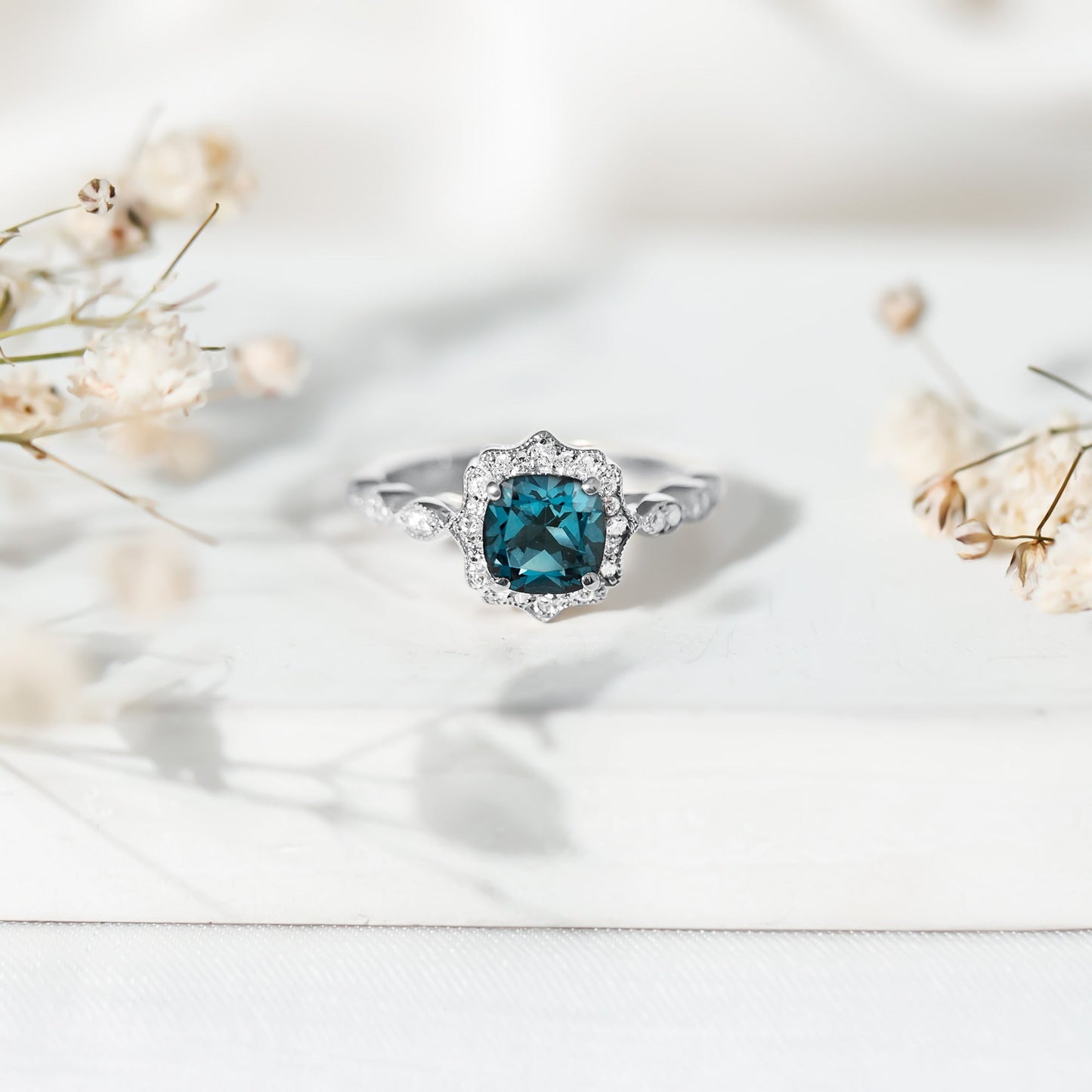 London Blue Topaz Antique Looking Engagement Ring with Moissanite Halo