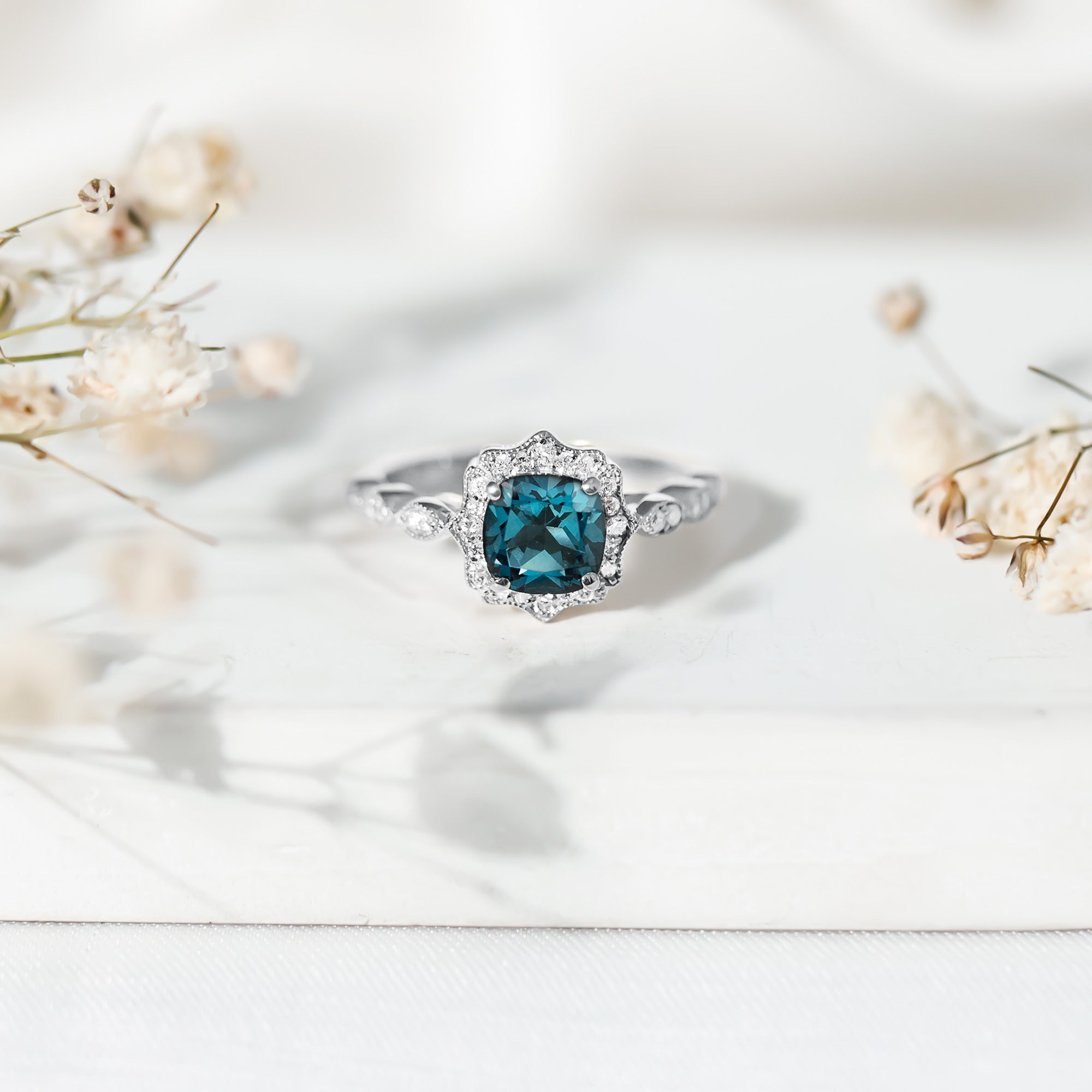 London Blue Topaz Antique Looking Engagement Ring with Moissanite Halo