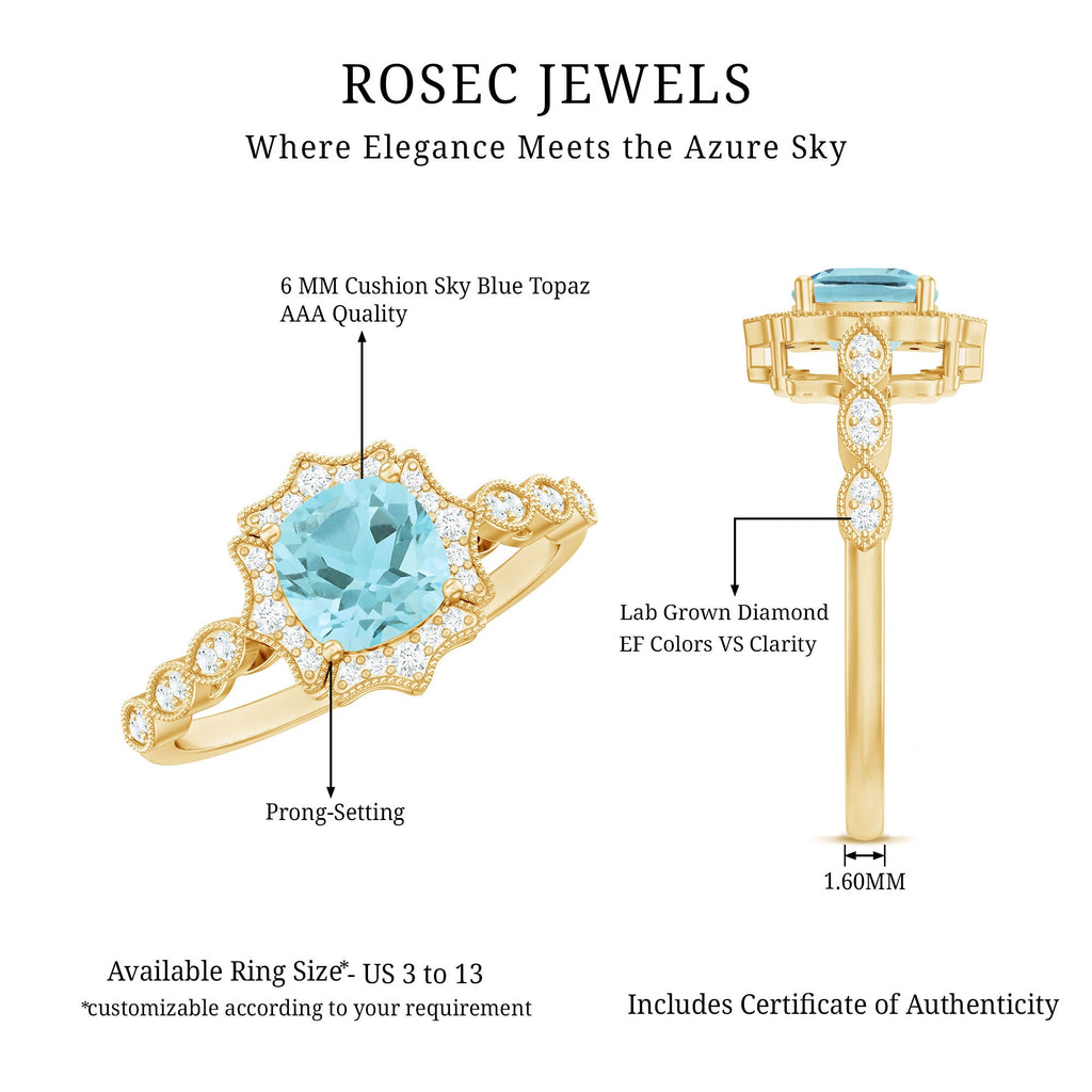 Sky Blue Topaz Vintage Style Engagement Ring with Lab Diamonds