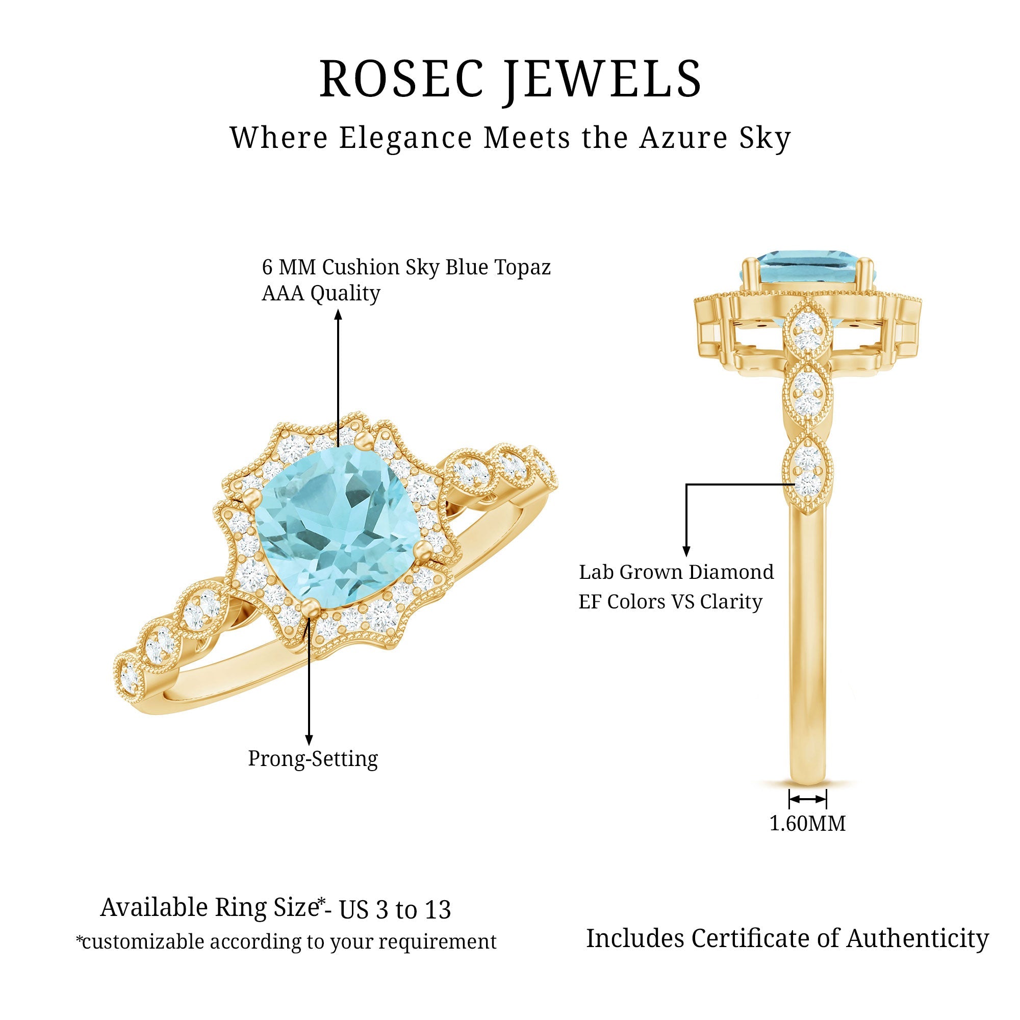 Sky Blue Topaz Vintage Style Engagement Ring with Lab Diamonds