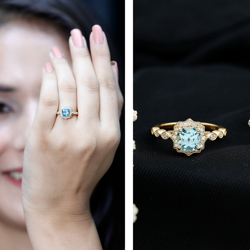 Sky Blue Topaz Vintage Style Engagement Ring with Lab Diamonds