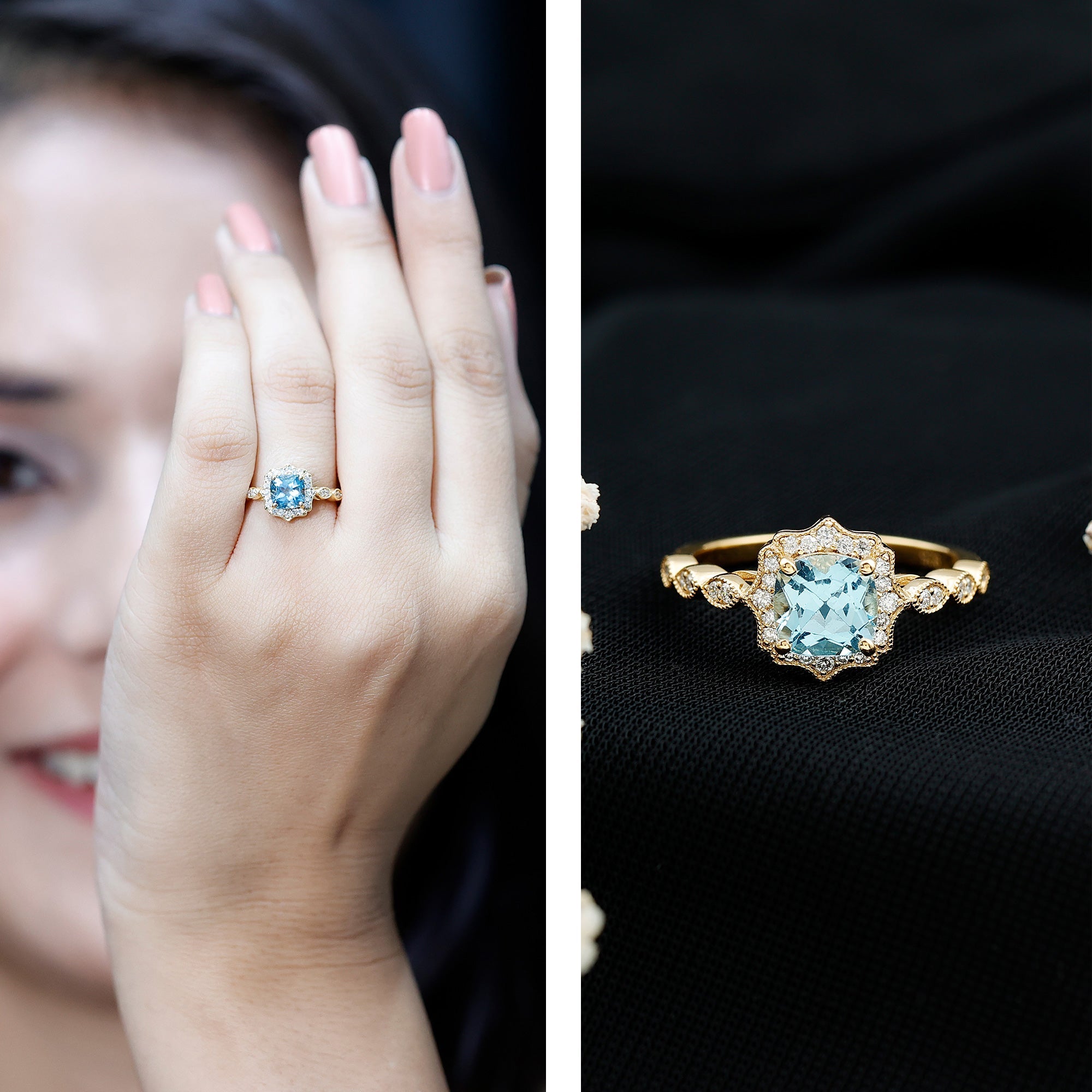 Sky Blue Topaz Vintage Style Engagement Ring with Lab Diamonds