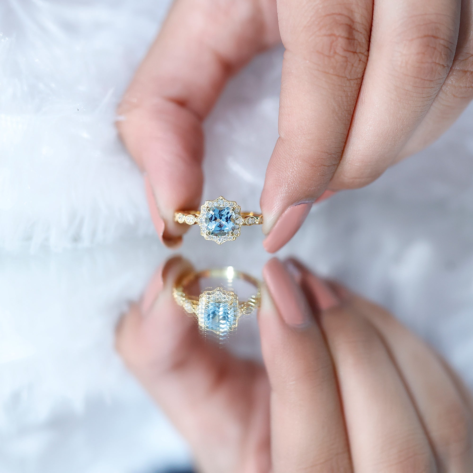 Sky Blue Topaz Vintage Style Engagement Ring with Lab Diamonds