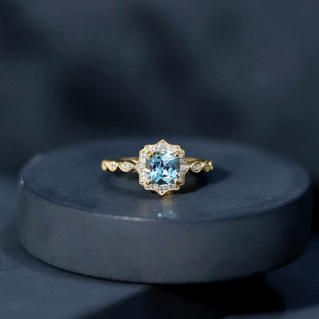 Sky Blue Topaz Vintage Style Engagement Ring with Lab Diamonds