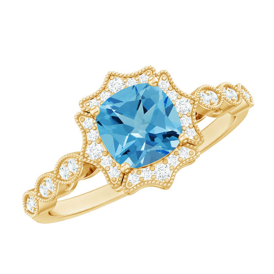 Vintage Looking Swiss Blue Topaz Diamond Engagement Ring in Silver