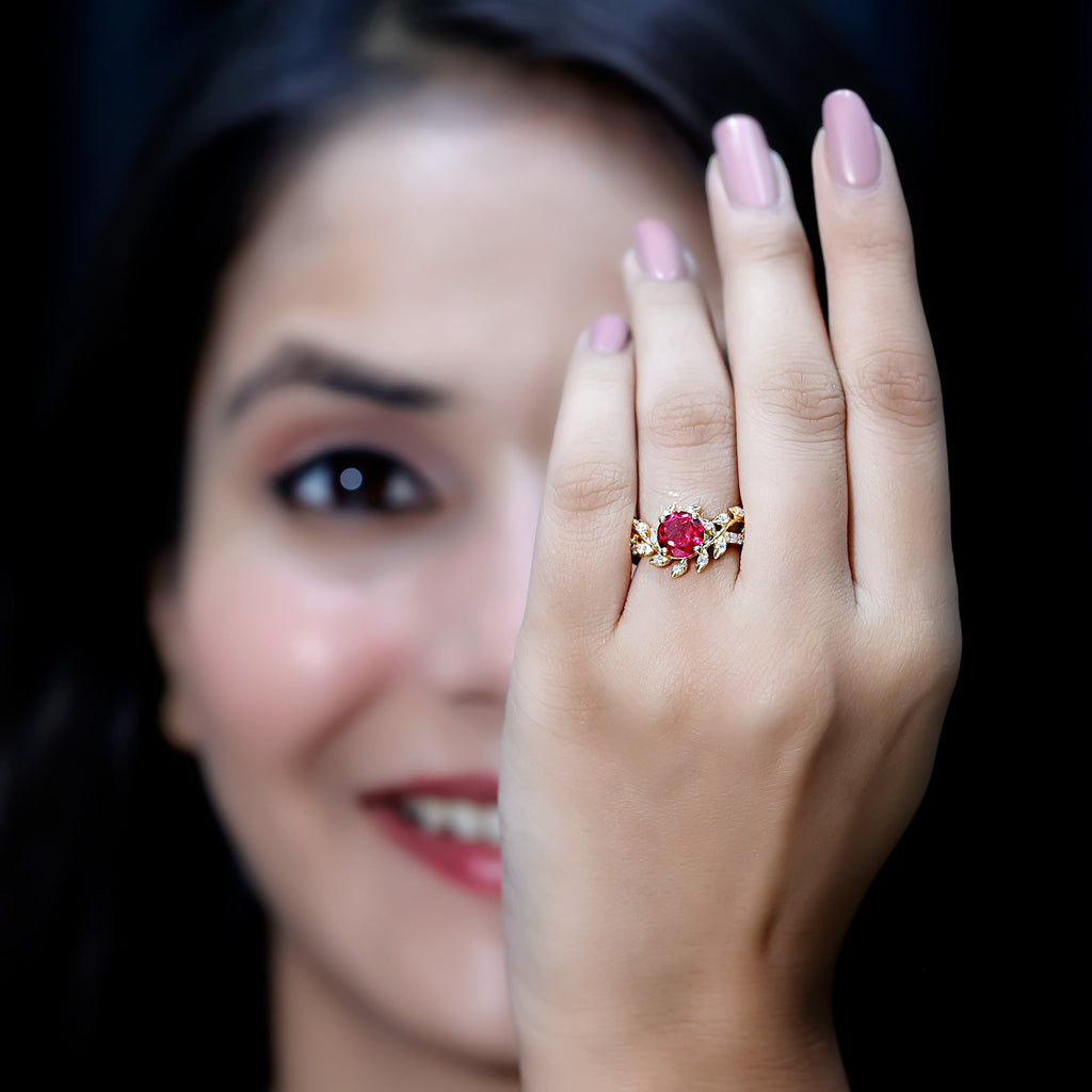 Lab Created Ruby and Diamond Vine Engagement Ring in Silver
