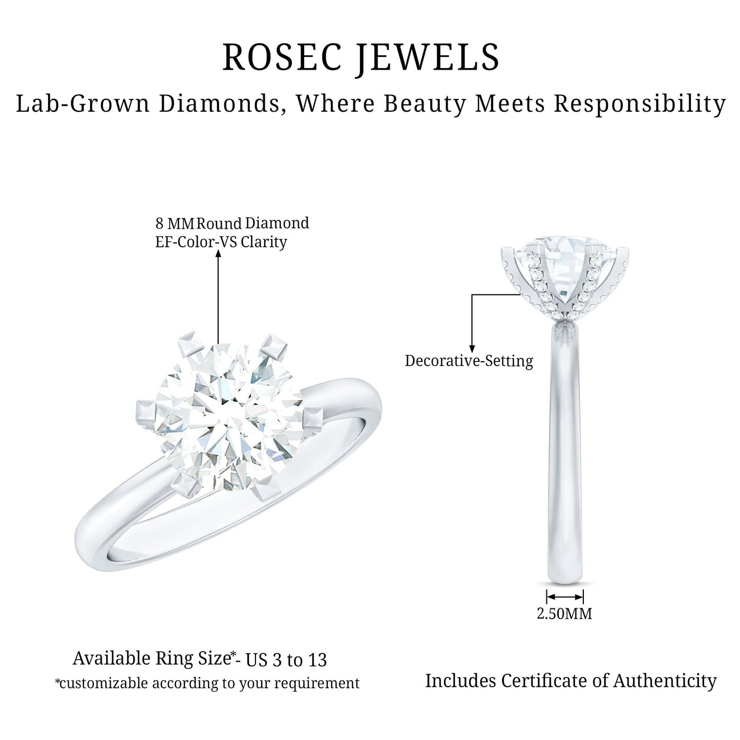 8 MM Round Brilliant Cut Lab Grown Diamond Engagement Ring