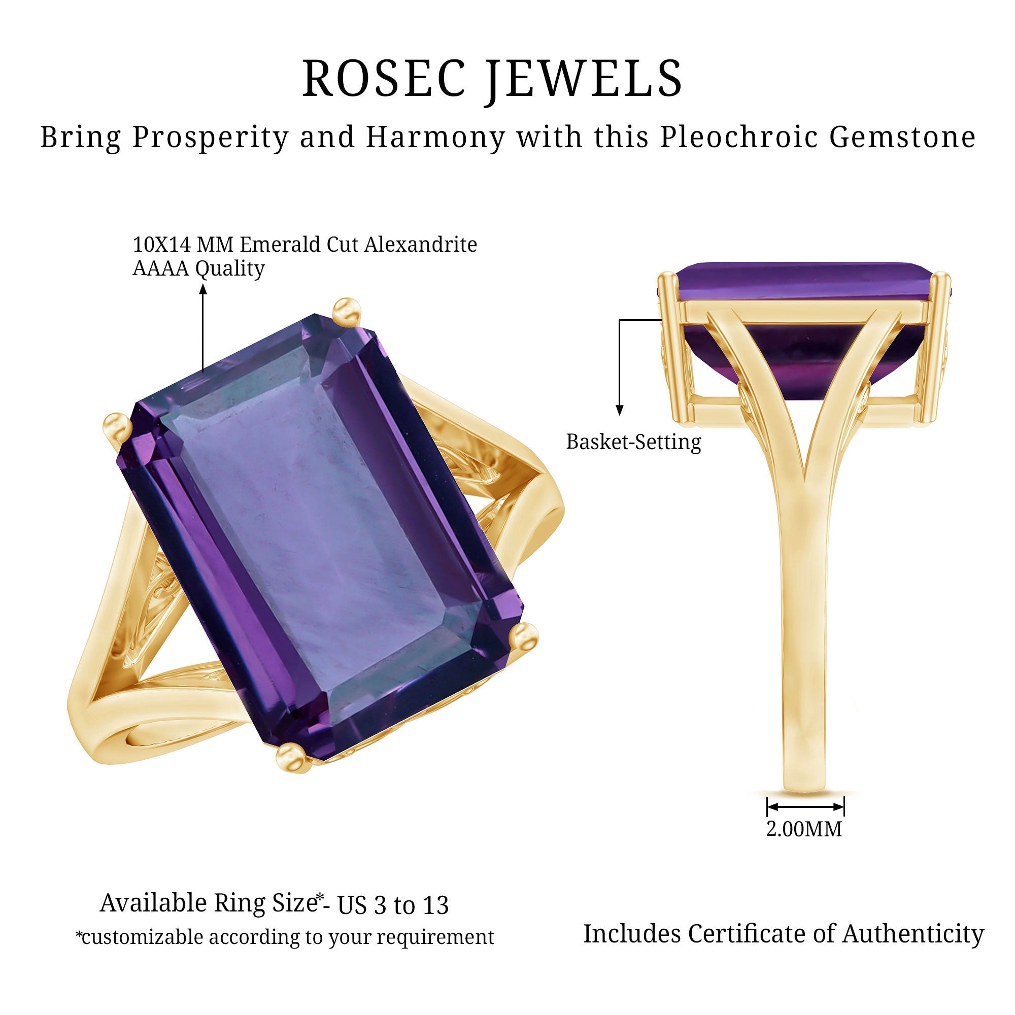 Lab Grown Alexandrite 10X14 MM Emerald Cut Engagement Ring