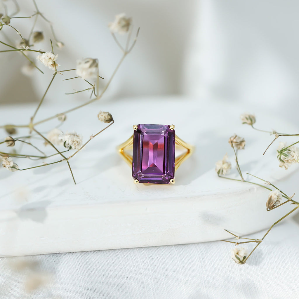 Lab Grown Alexandrite 10X14 MM Emerald Cut Engagement Ring