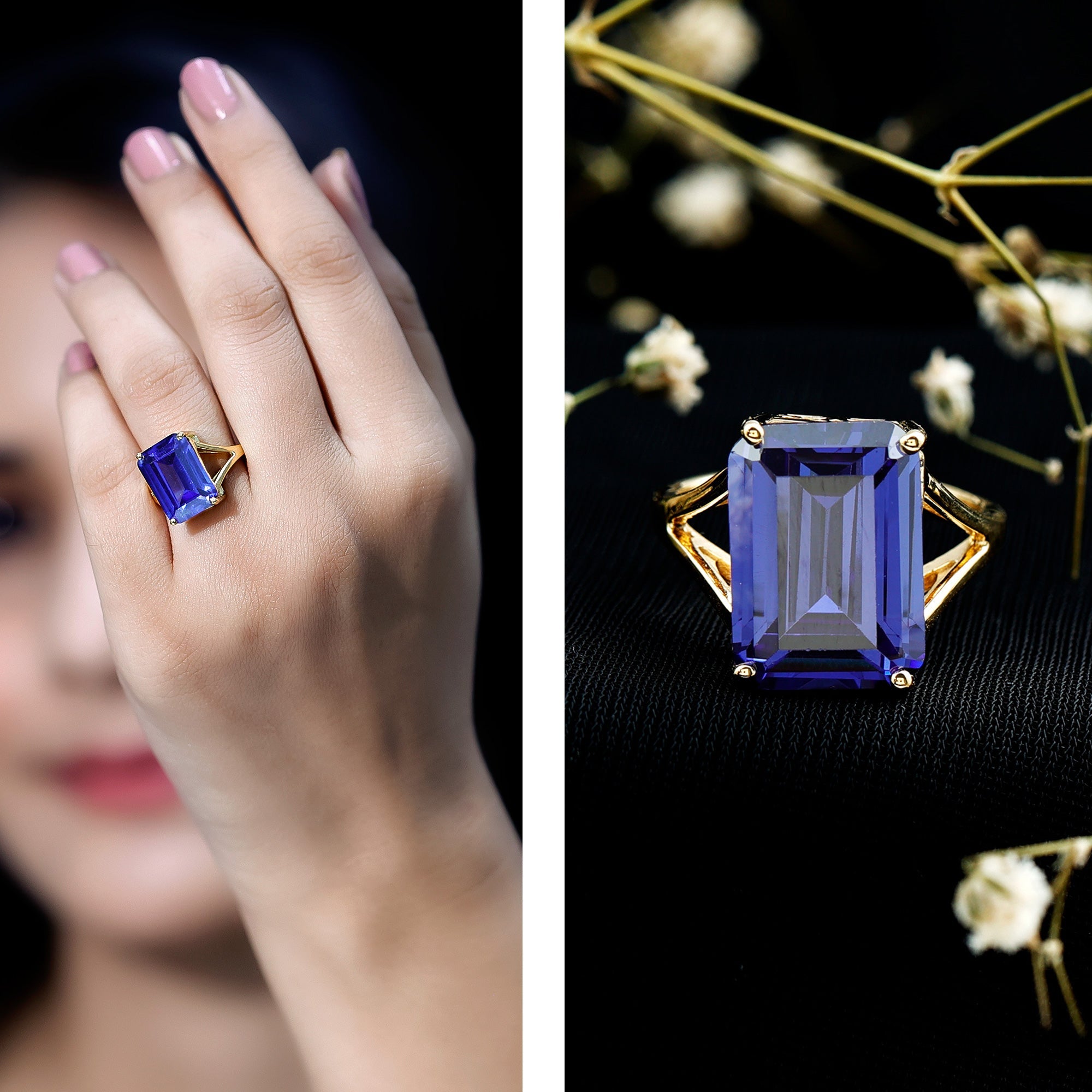 Emerald Cut 10X14 MM Lab Created Tanzanite Engagement Ring with Split Shank