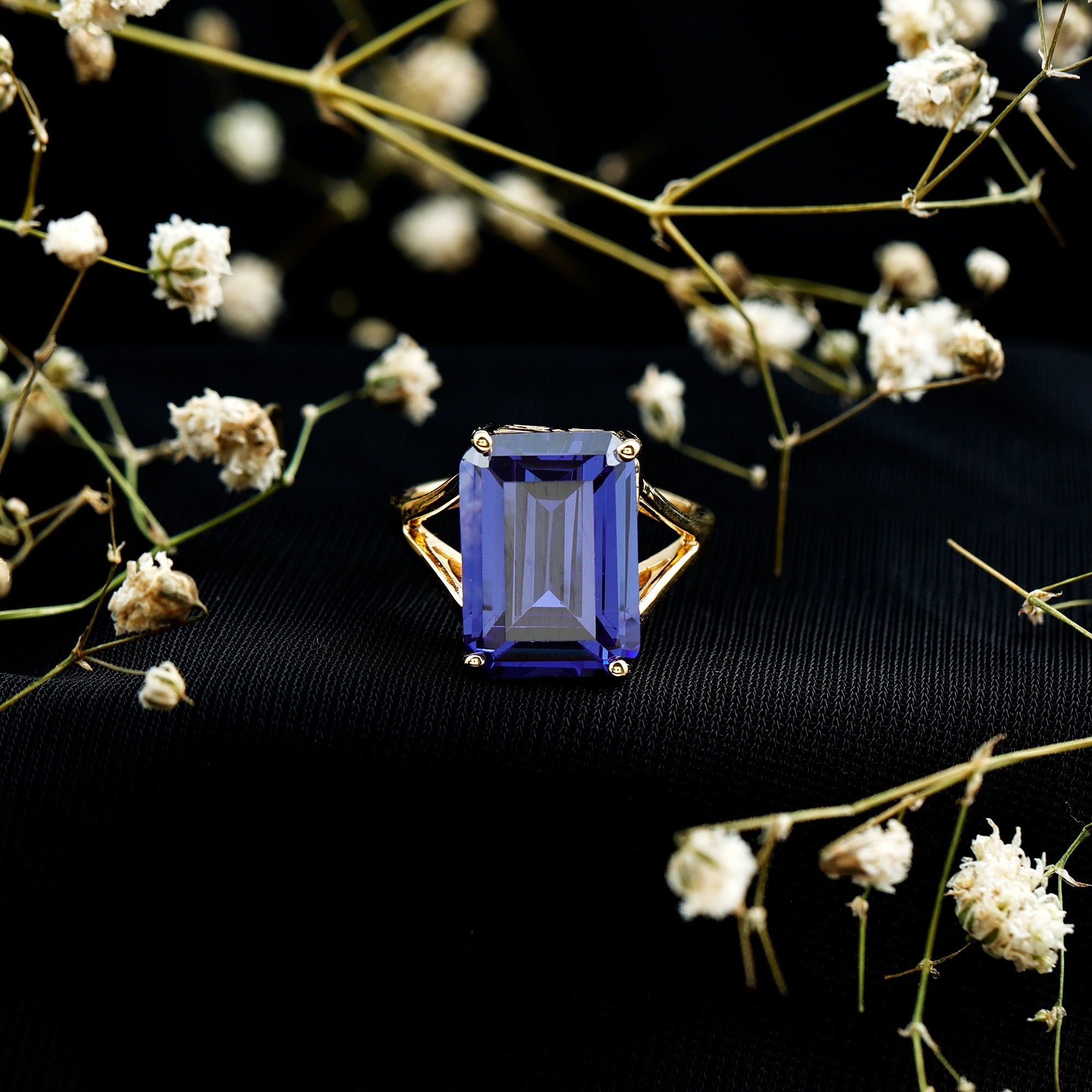 Emerald Cut 10X14 MM Lab Created Tanzanite Engagement Ring with Split Shank