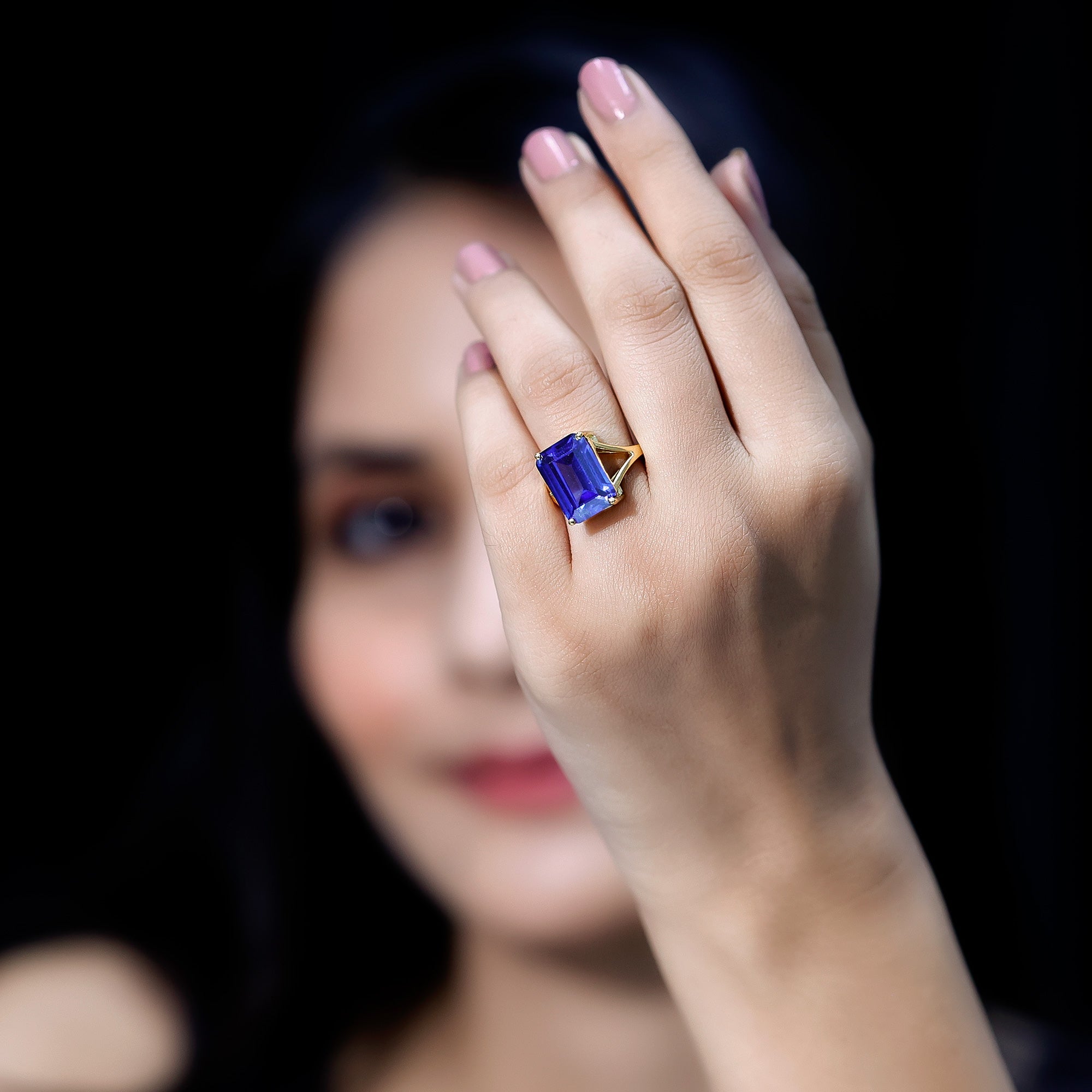 Emerald Cut 10X14 MM Lab Created Tanzanite Engagement Ring with Split Shank