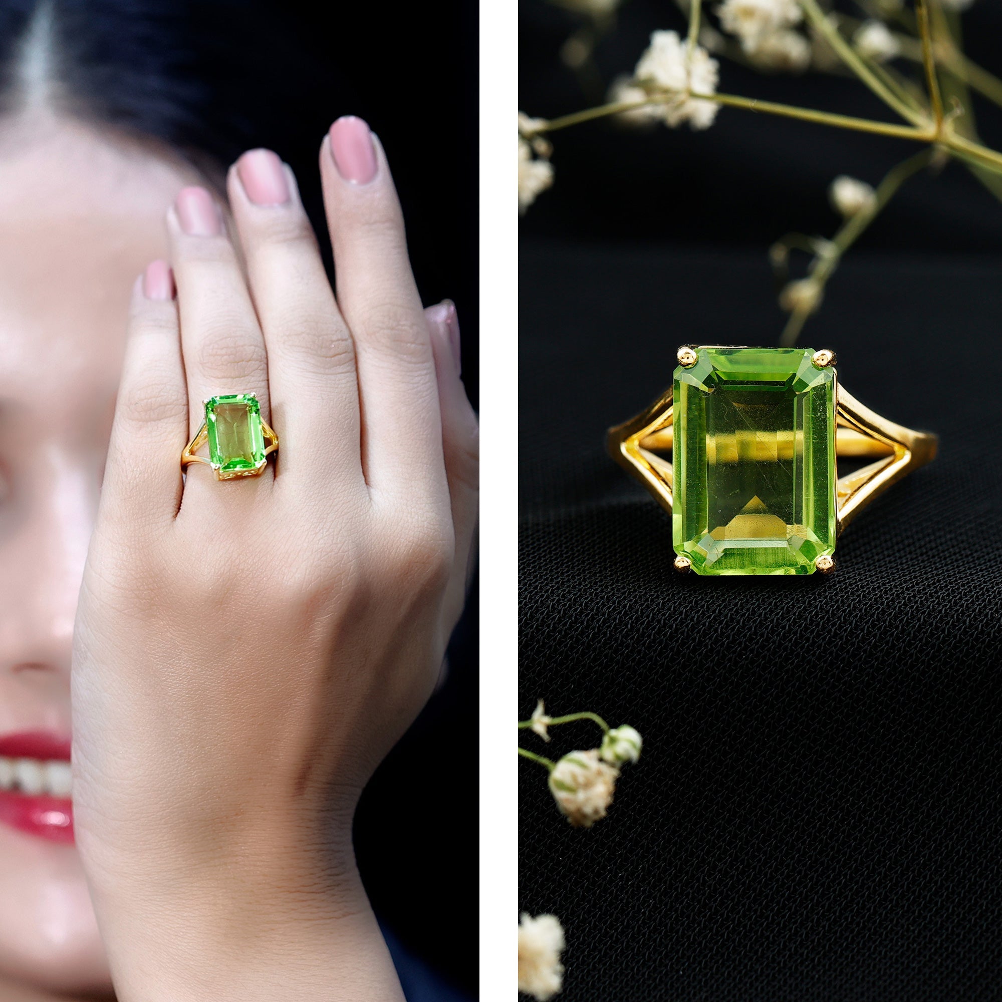 Lab Created Peridot Emerald Cut Engagement Ring with Split Shank