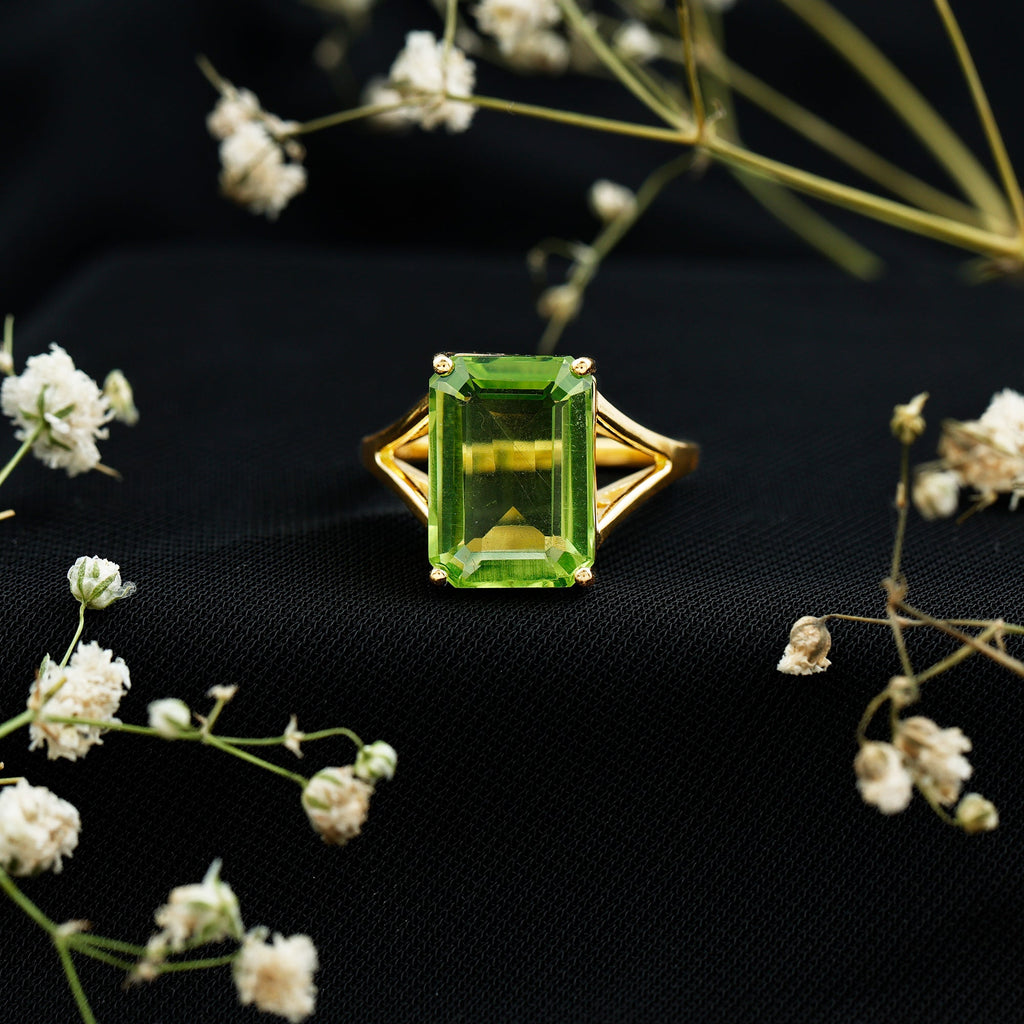 Lab Created Peridot Emerald Cut Engagement Ring with Split Shank