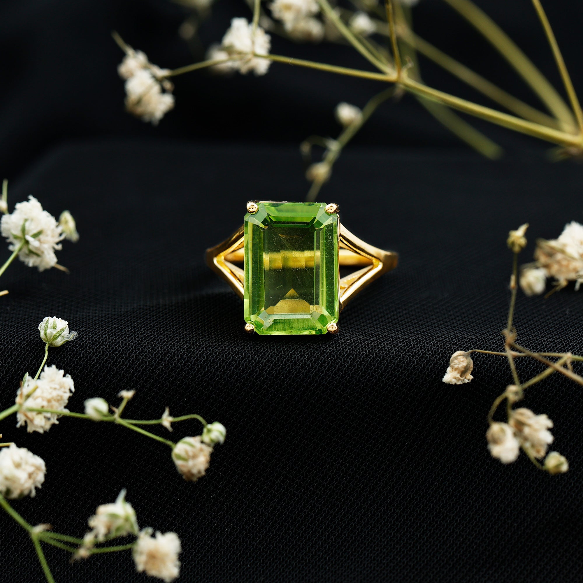 Lab Created Peridot Emerald Cut Engagement Ring with Split Shank