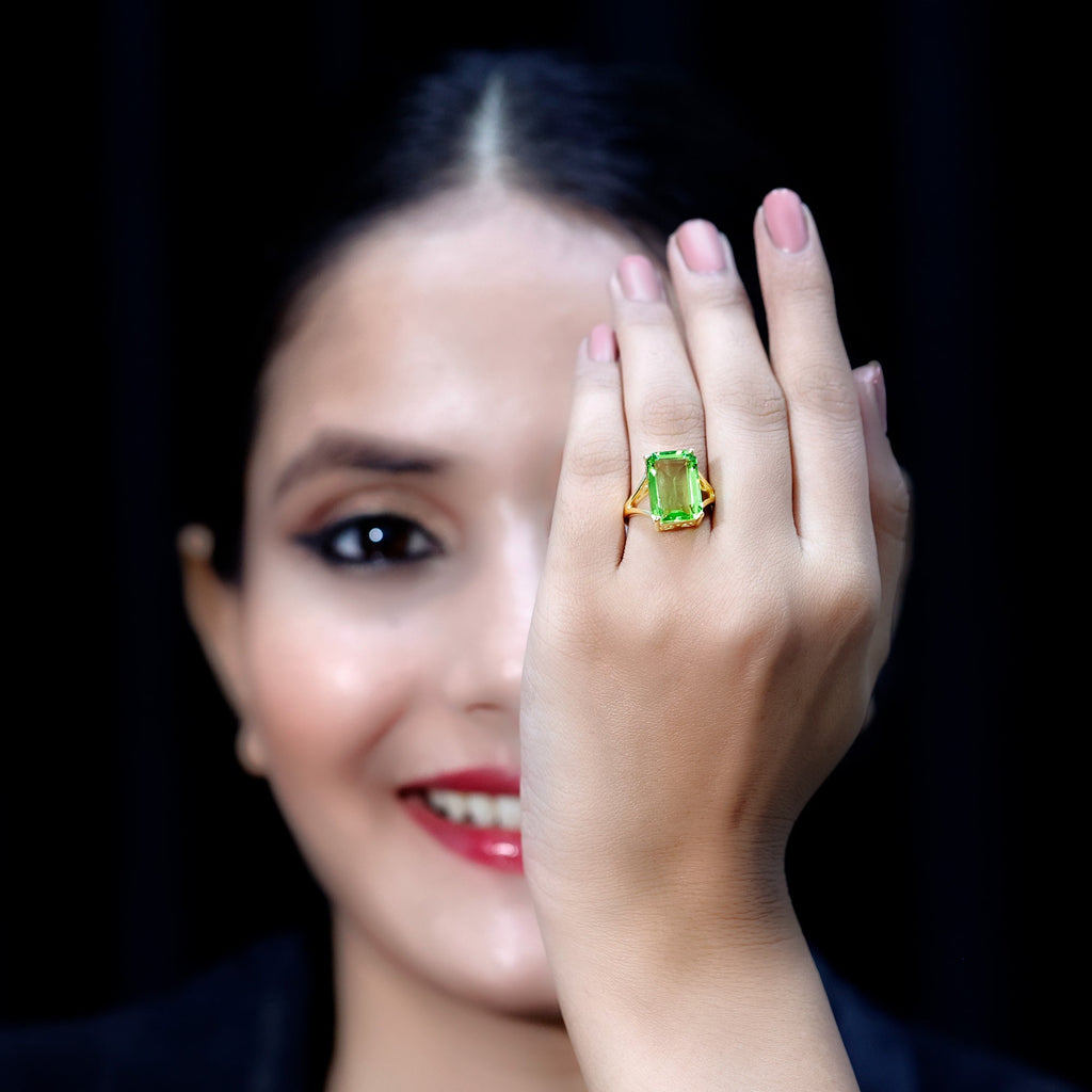 Lab Created Peridot Emerald Cut Engagement Ring with Split Shank