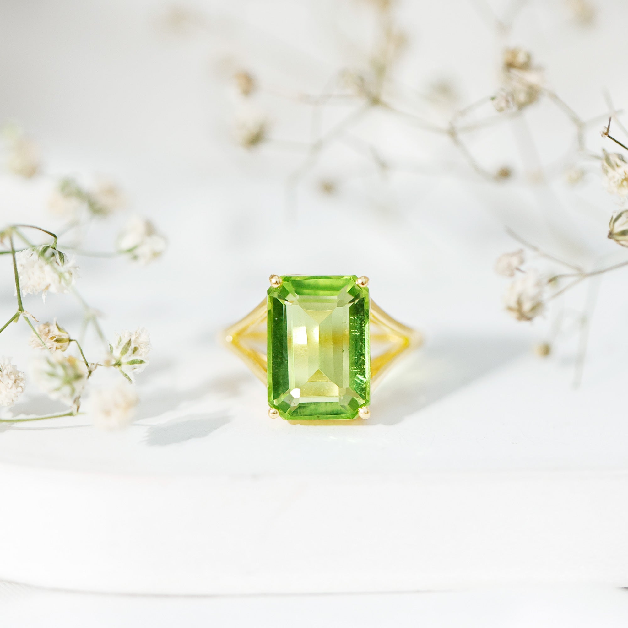 Lab Created Peridot Emerald Cut Engagement Ring with Split Shank