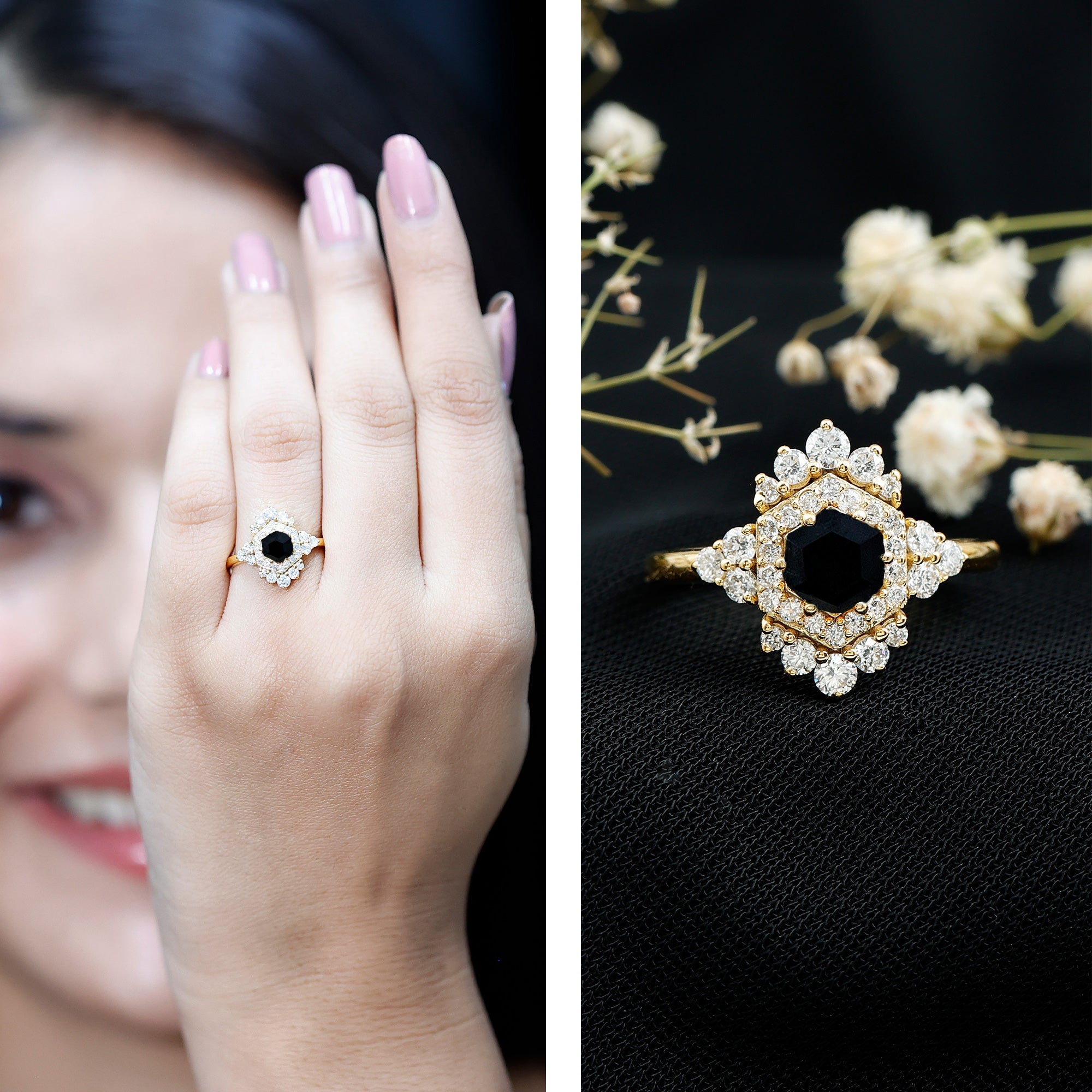 Black Spinel and Diamond Vintage Engagement Ring in Silver