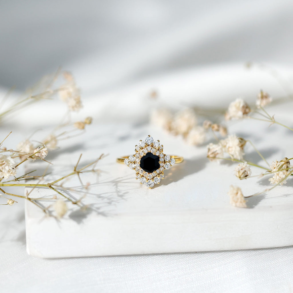 Black Spinel and Diamond Vintage Engagement Ring in Silver
