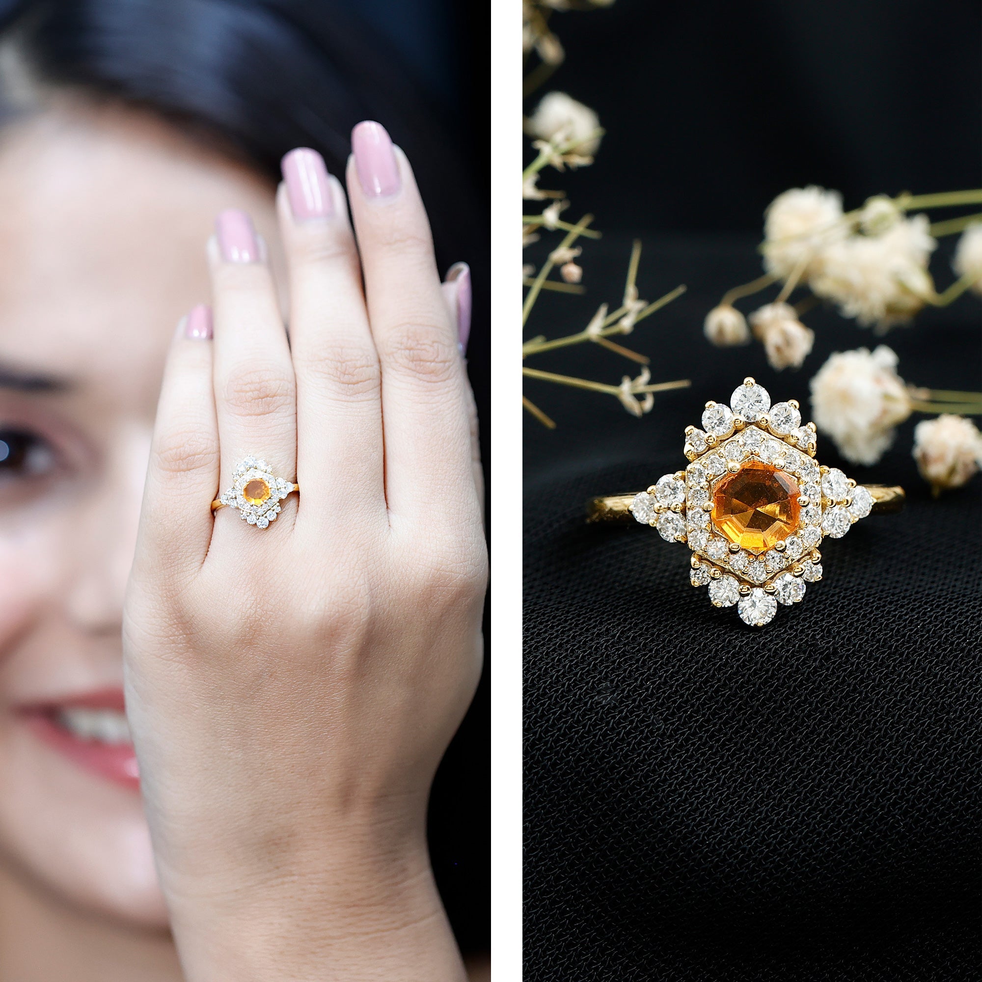 Certified Fire Opal and Diamond Cocktail Ring in Gold Plated Silver