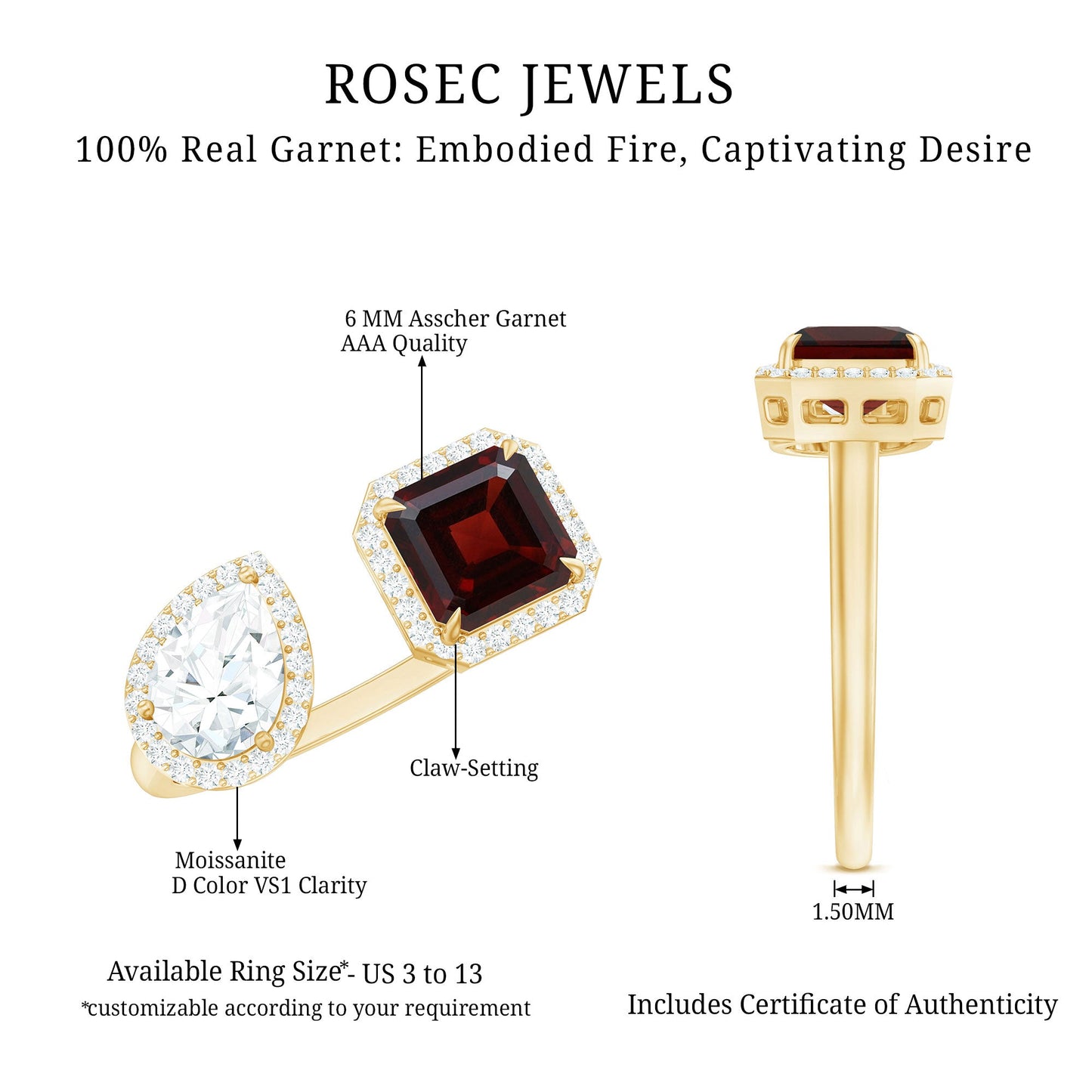 Natural Garnet Toi Et Moi Engagement Ring with Moissanite in Yellow Gold Plated Silver