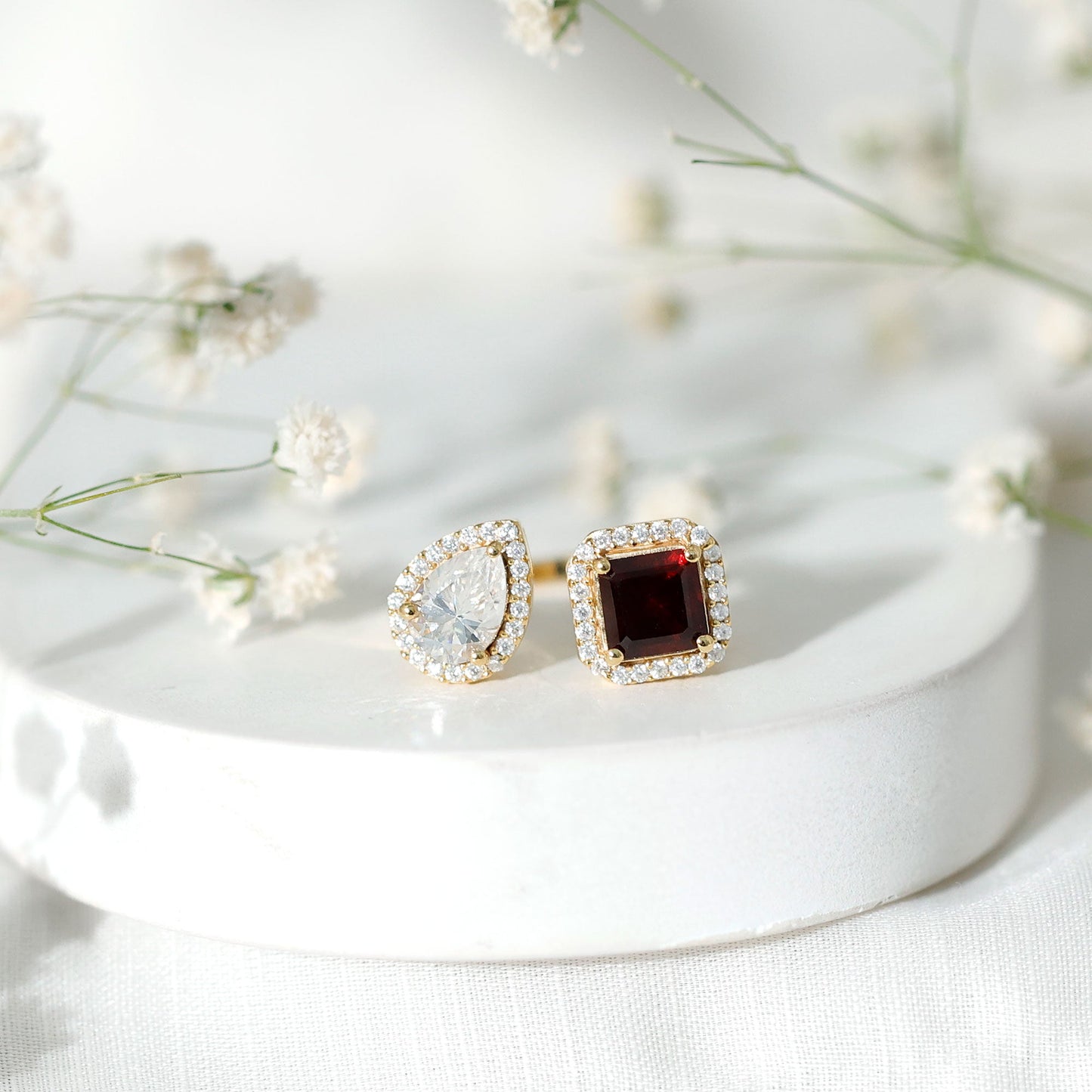 Natural Garnet Toi Et Moi Engagement Ring with Moissanite in Yellow Gold Plated Silver