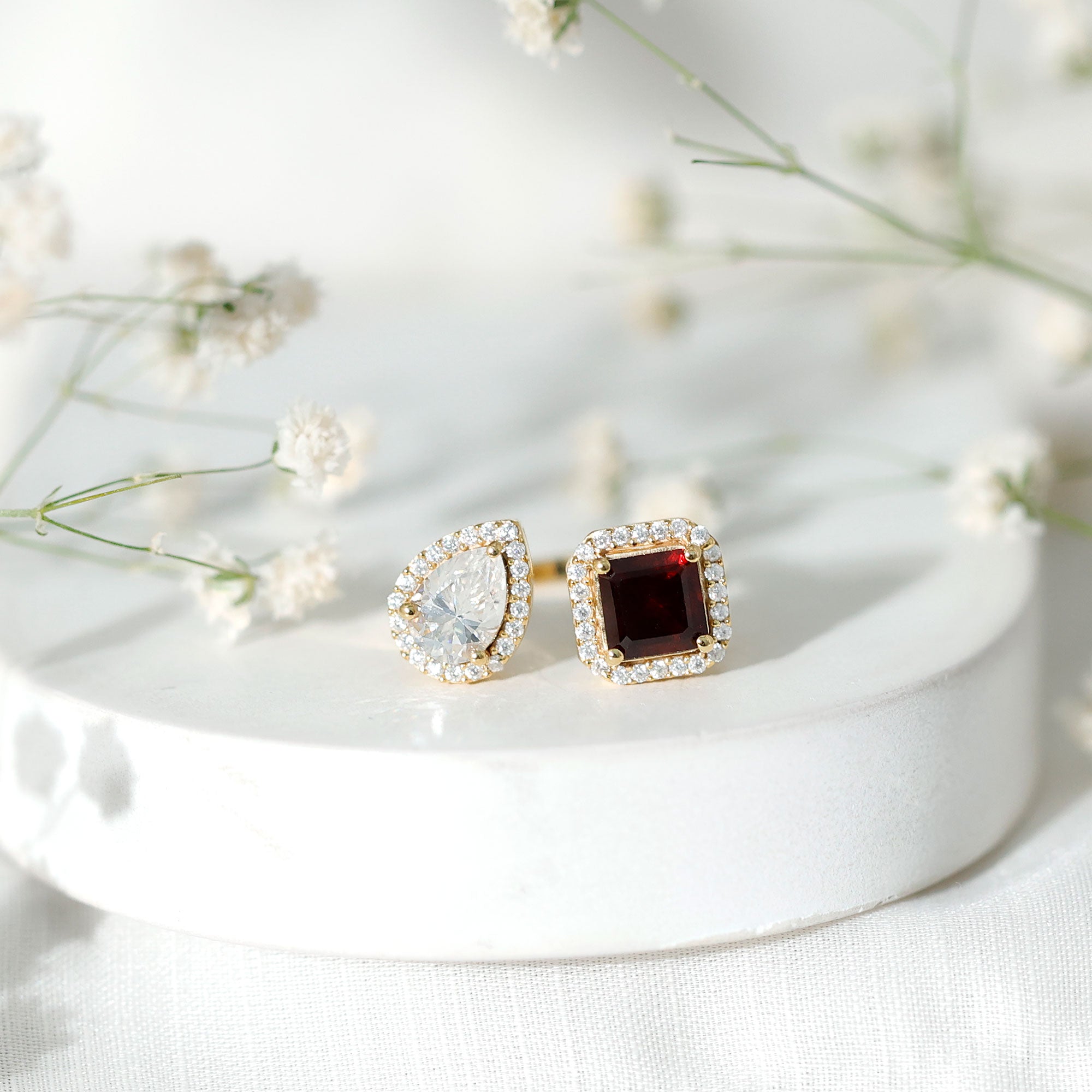 Natural Garnet Toi Et Moi Engagement Ring with Moissanite in Yellow Gold Plated Silver