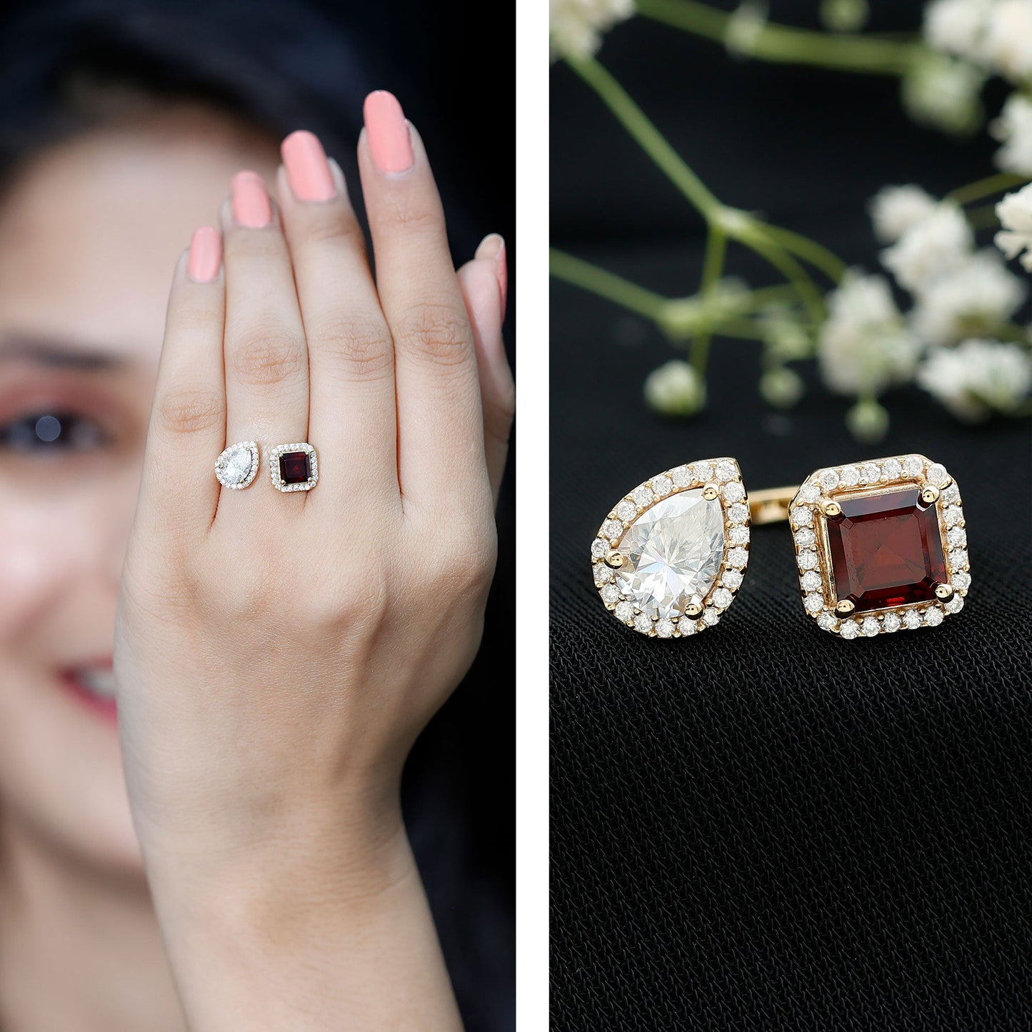 Natural Garnet Toi Et Moi Engagement Ring with Moissanite in Yellow Gold Plated Silver