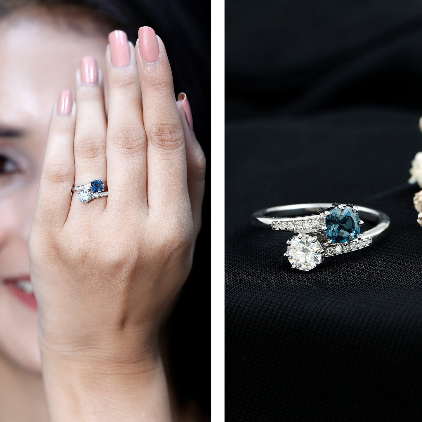 Designer Two Stone Engagement Ring with London Blue Topaz and Moissanite