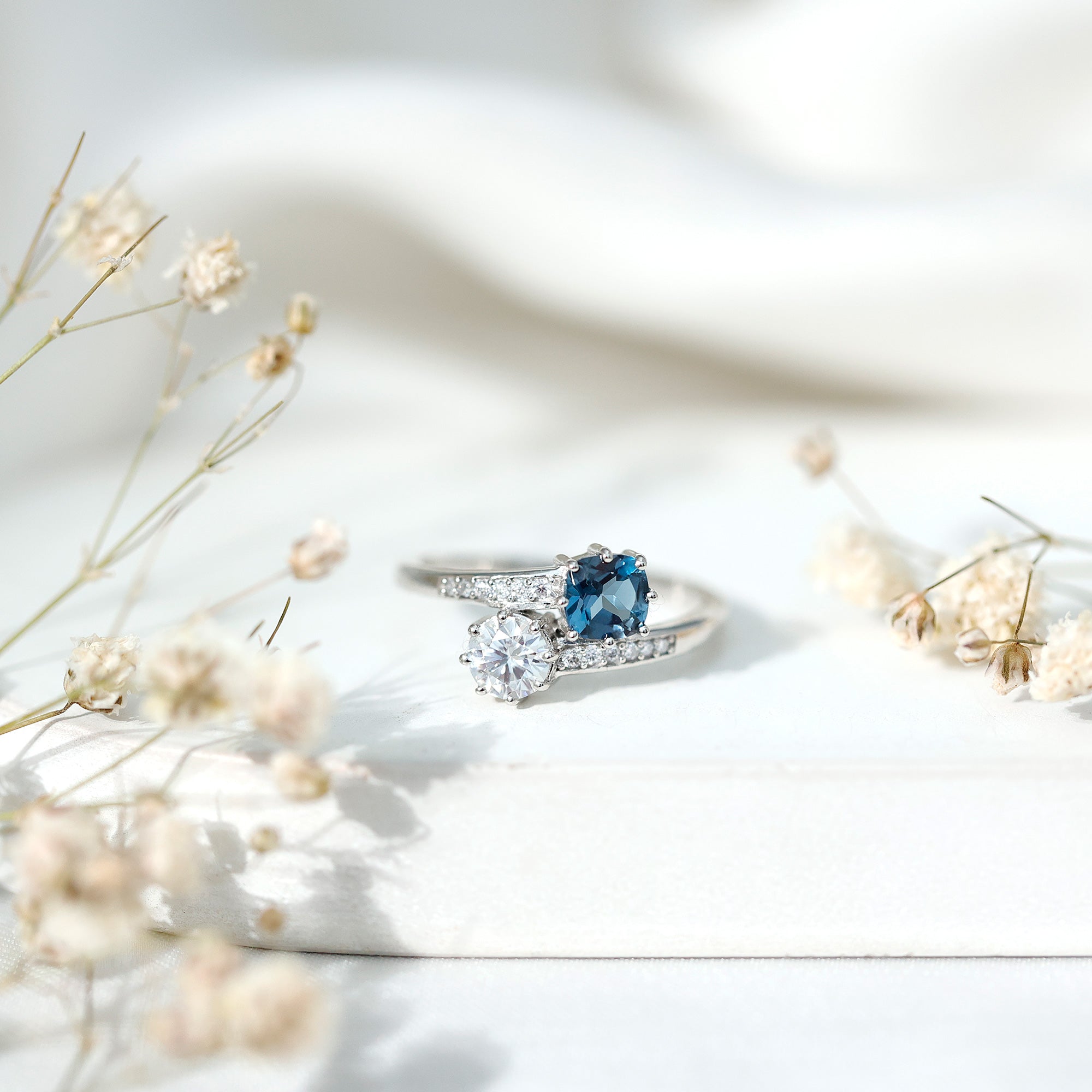 Designer Two Stone Engagement Ring with London Blue Topaz and Moissanite
