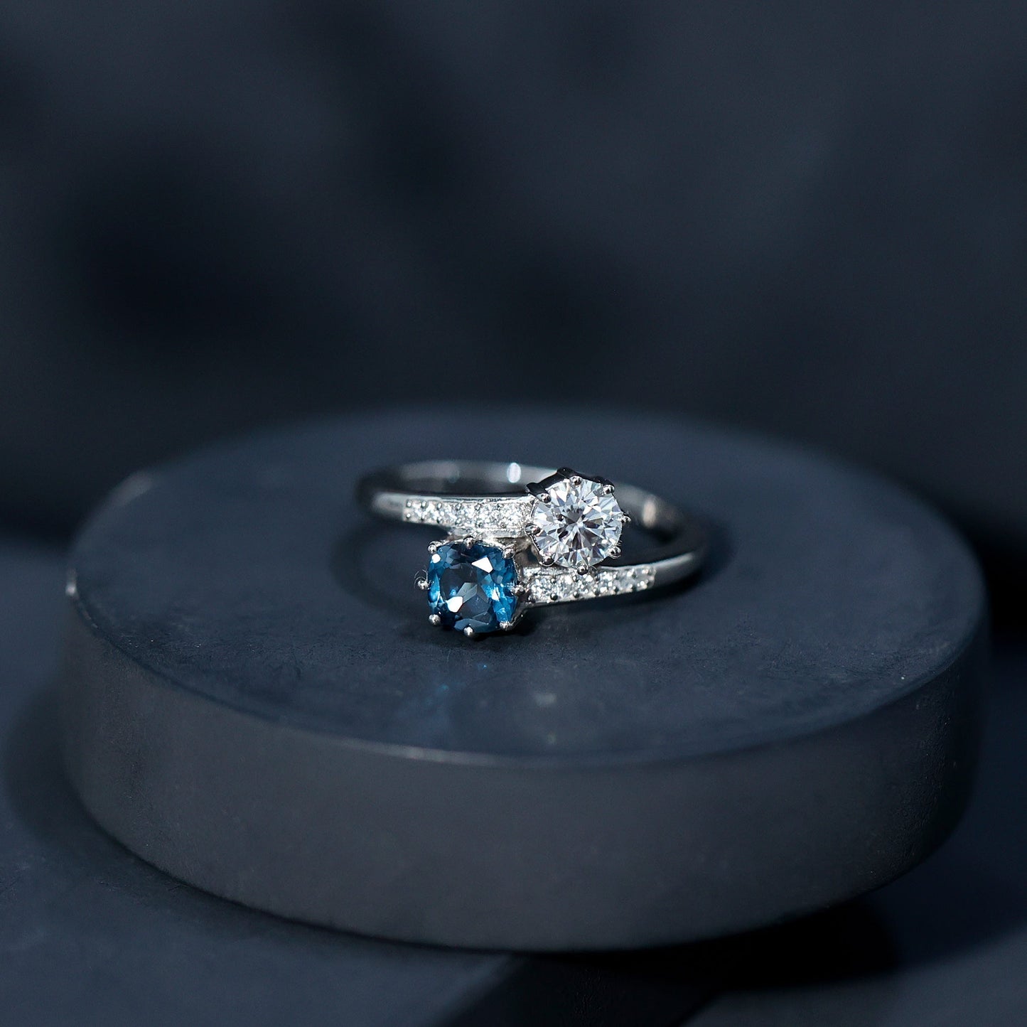 Designer Two Stone Engagement Ring with London Blue Topaz and Moissanite