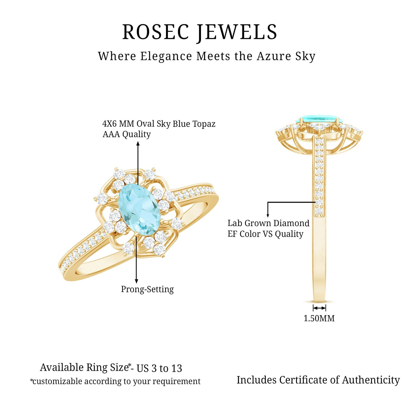 Genuine Sky Blue Topaz Vintage Engagement Ring in Gold Plated Silver