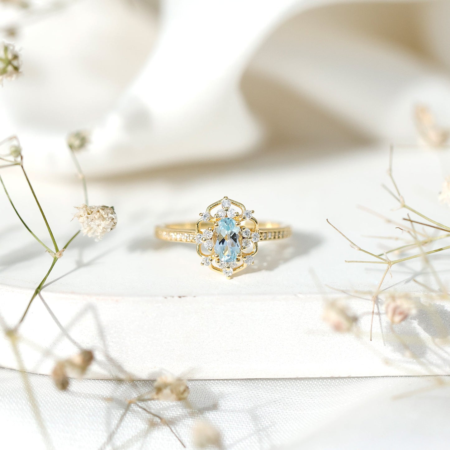 Genuine Sky Blue Topaz Vintage Engagement Ring in Gold Plated Silver