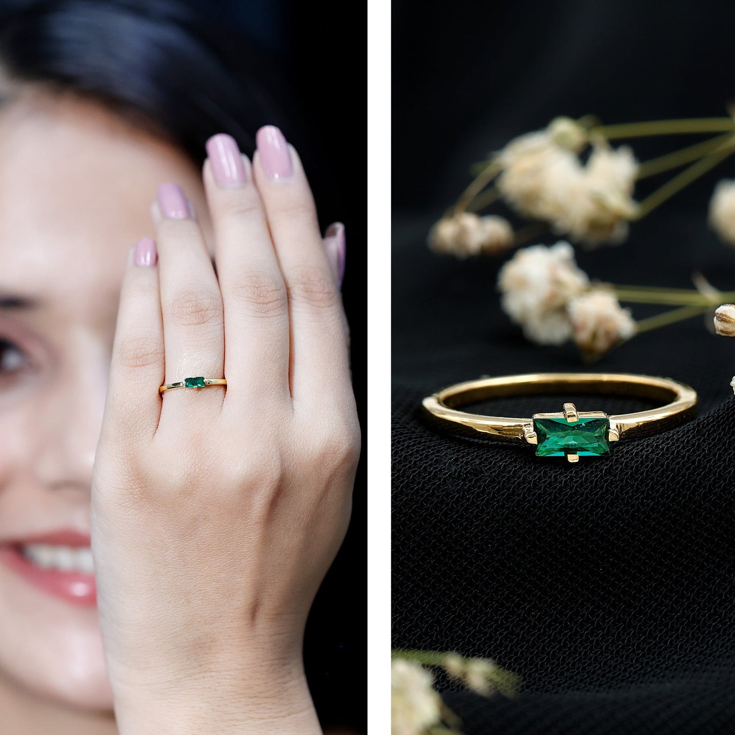 Baguette Cut Lab Emerald Solitaire Promise Ring in East West Style