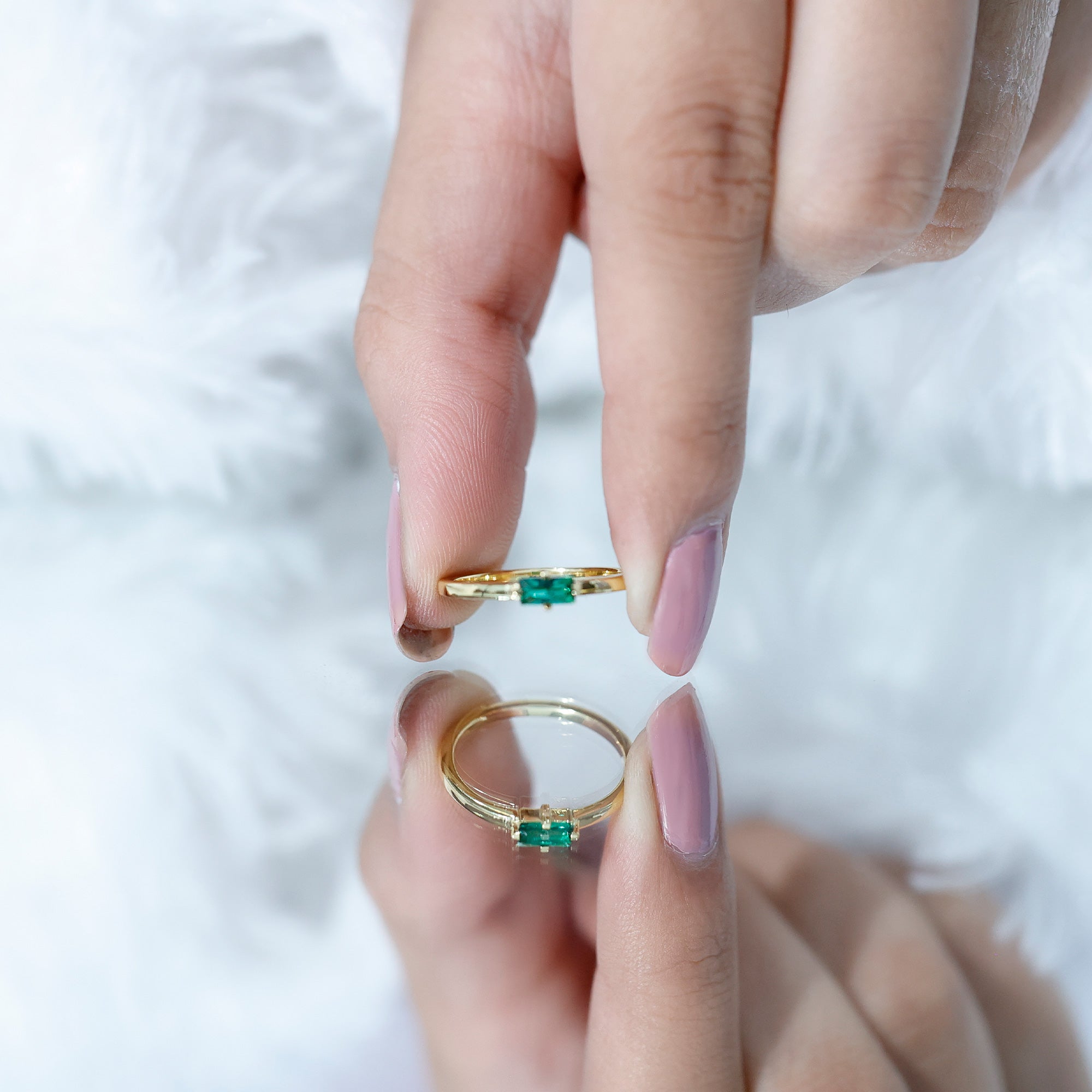 Baguette Cut Lab Emerald Solitaire Promise Ring in East West Style