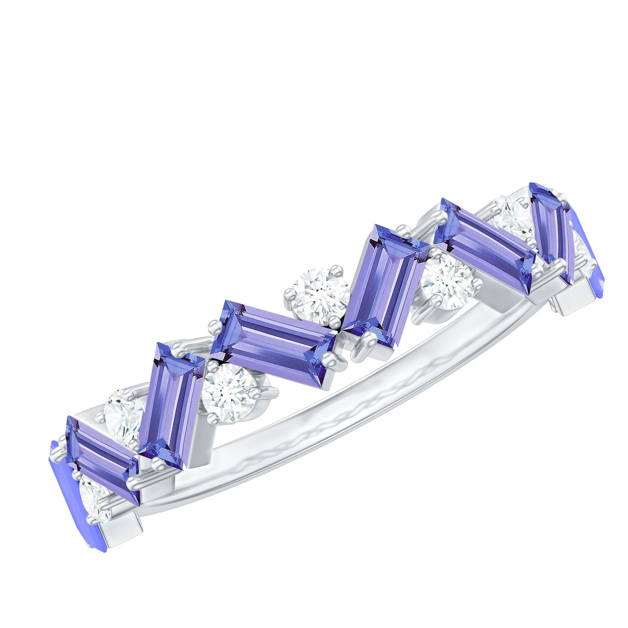 Baguette Cut Tanzanite and Diamond Half Eternity Stackable Ring